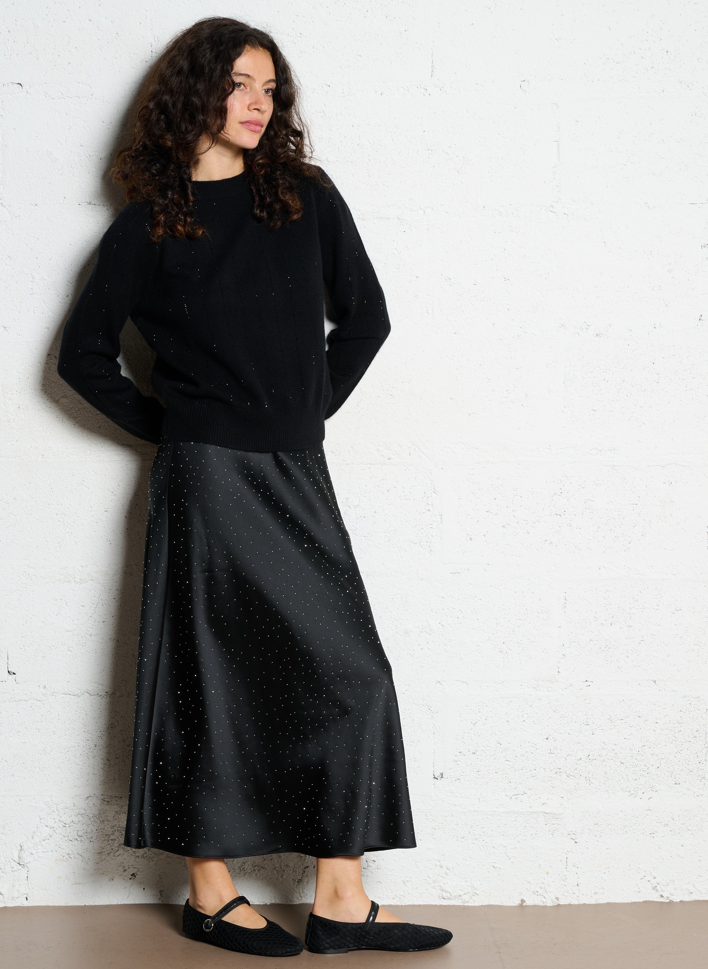 Rundhalsausschnitt-Pullover mit Strass aus Merinowolle und Kaschmir BERENICE Schwarz