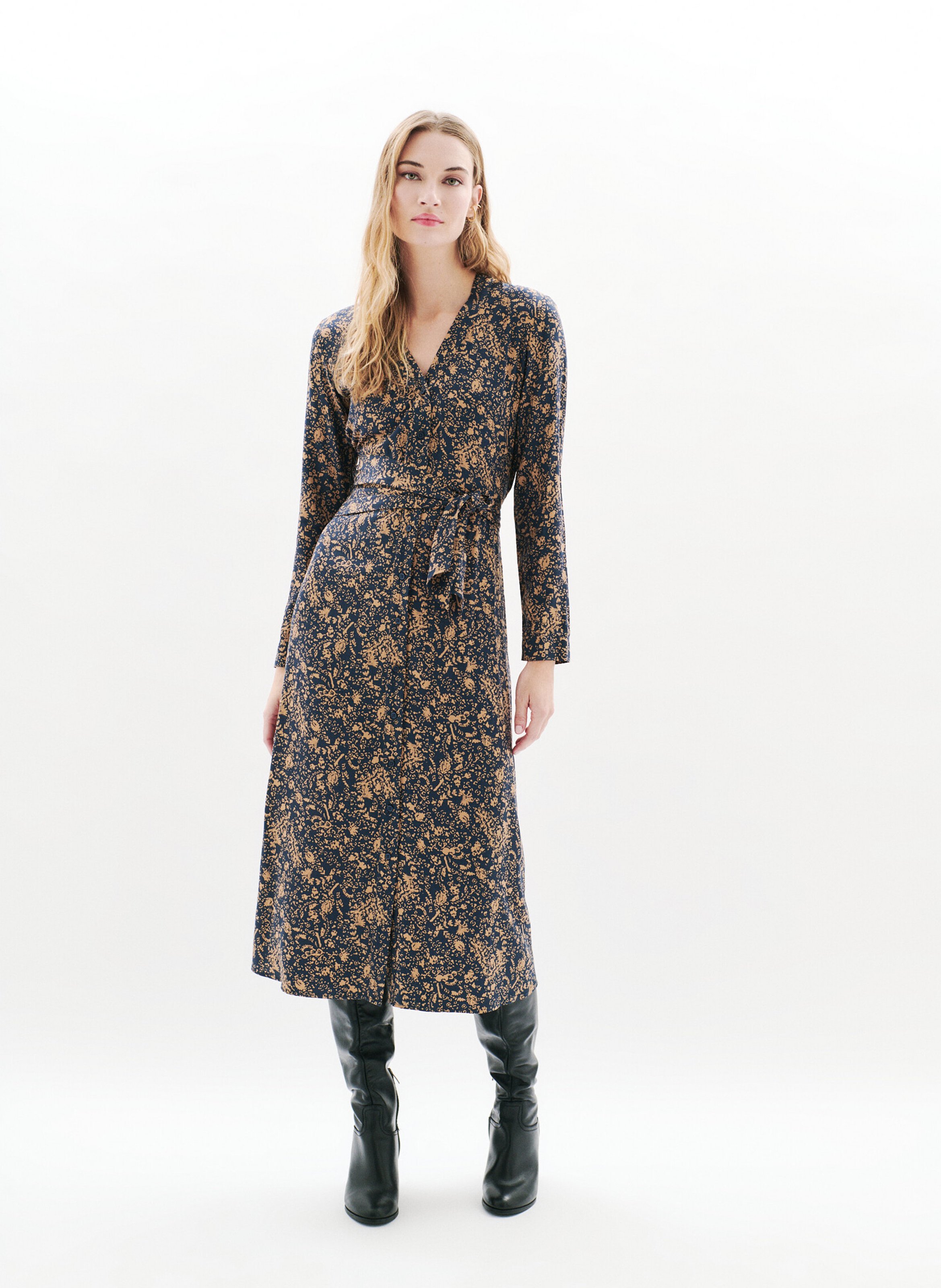 Robe midi imprimée col v CAROLL Noir