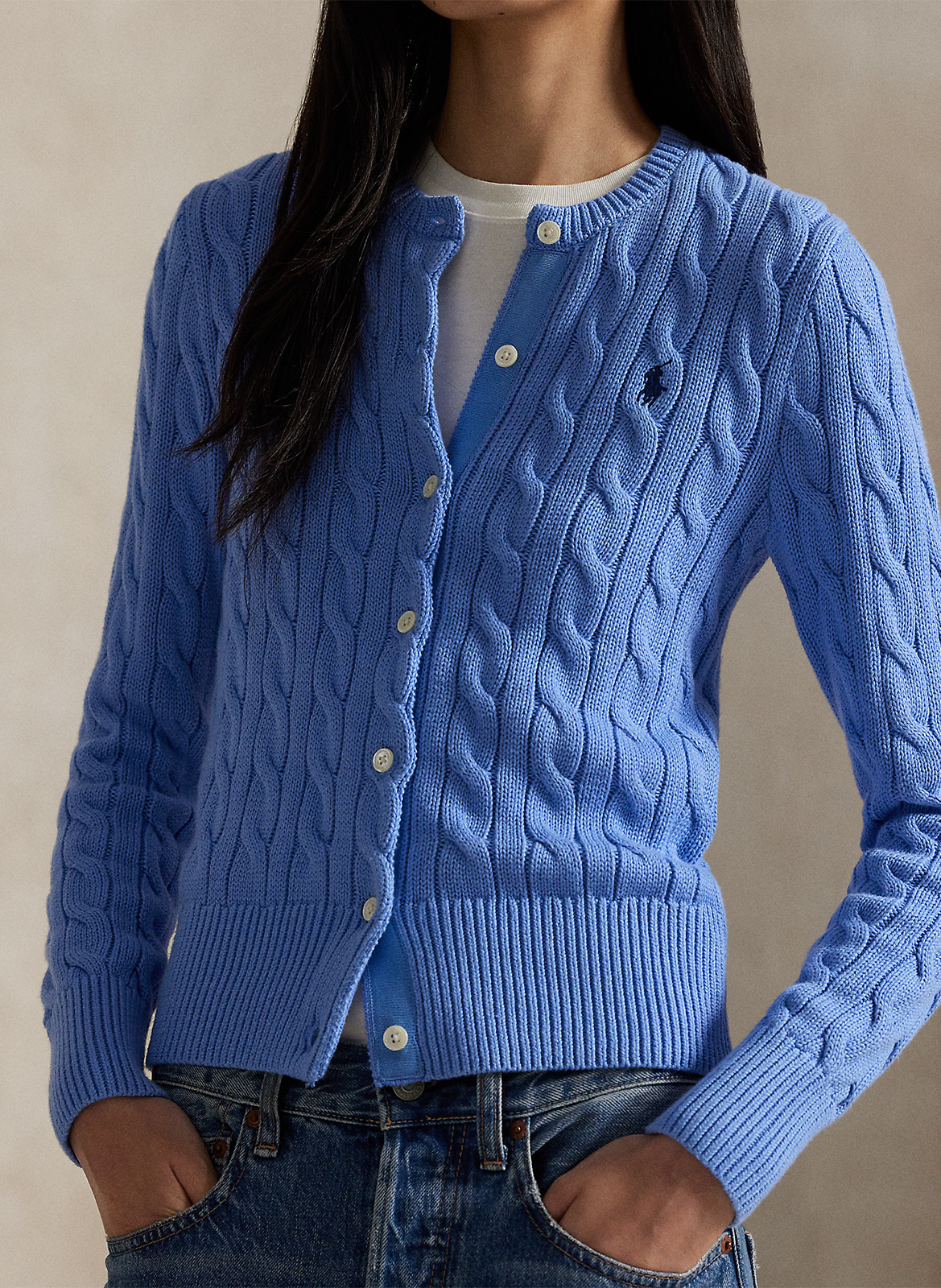 Cardigan droit col rond en coton POLO RALPH LAUREN Bleu