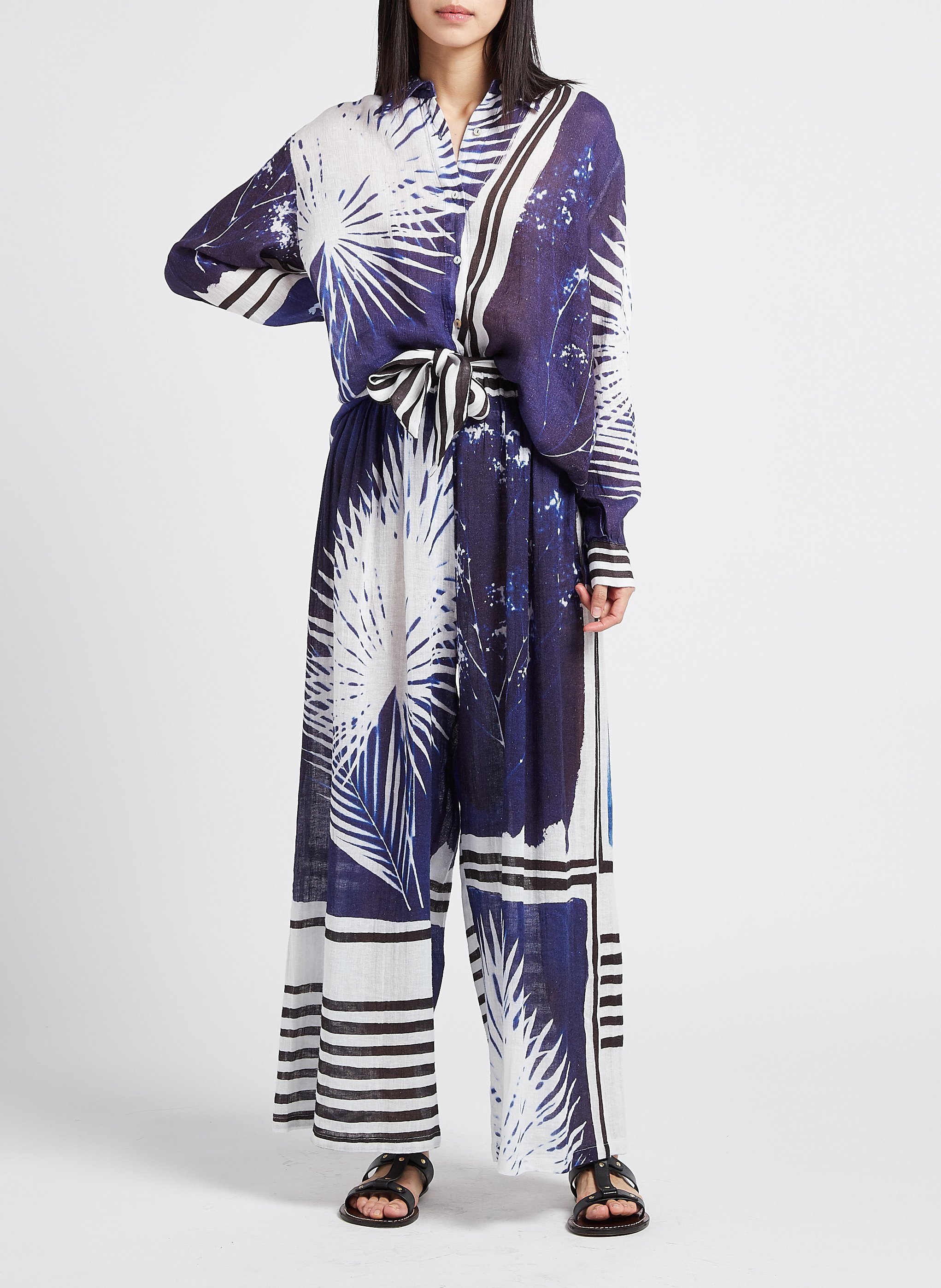 Oversize-Bluse aus bedrucktem Leinen MES DEMOISELLES Blau