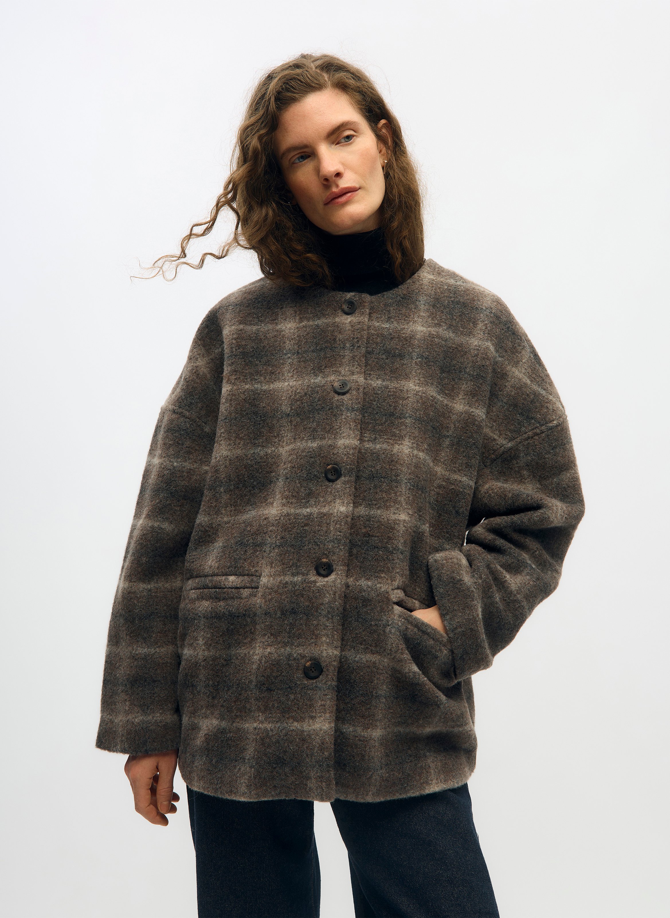 Manteau droit col rond à carreaux OBJECT Marron