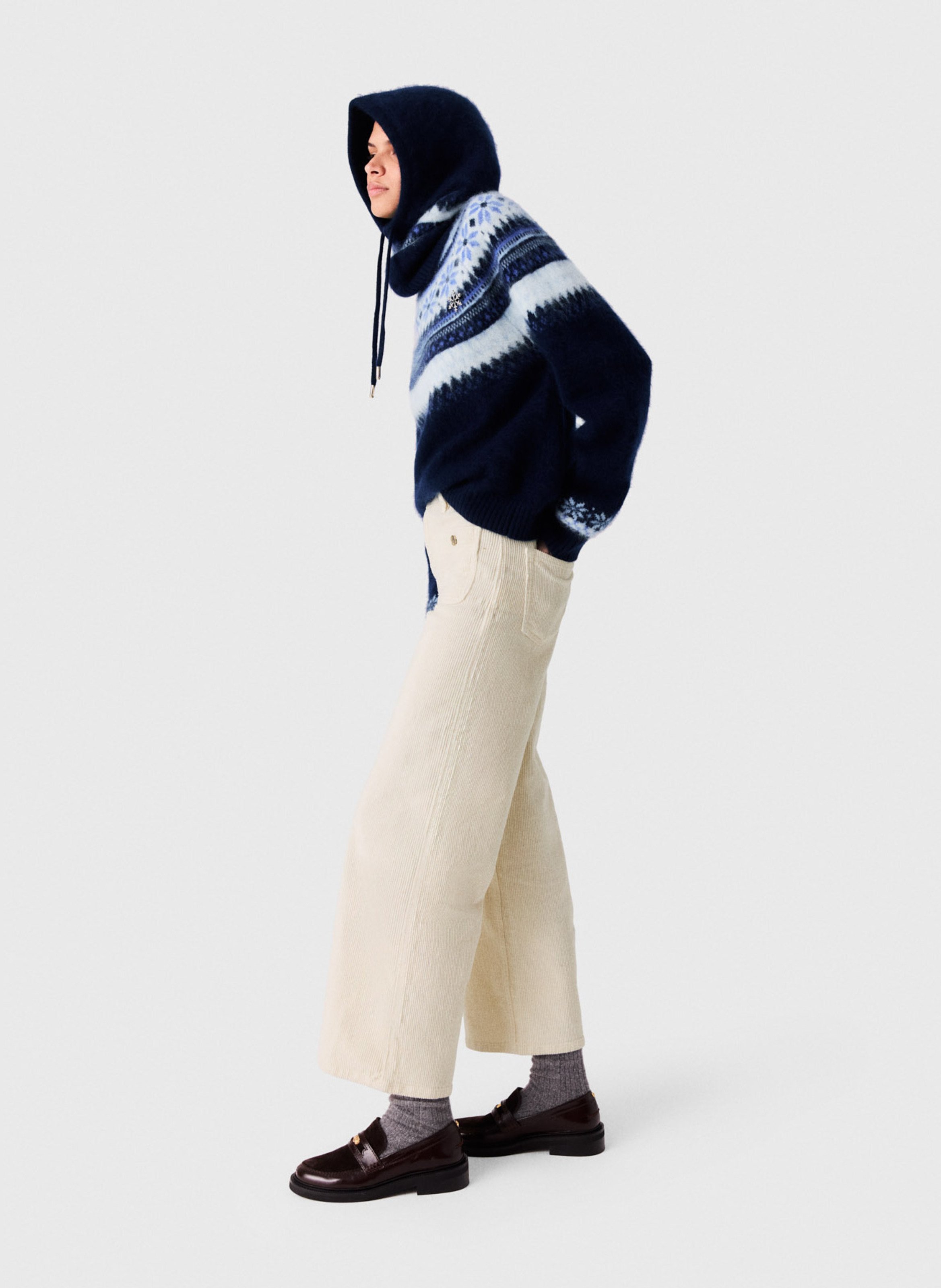 Pantalon large côtelé en coton mélangée MAJE Beige