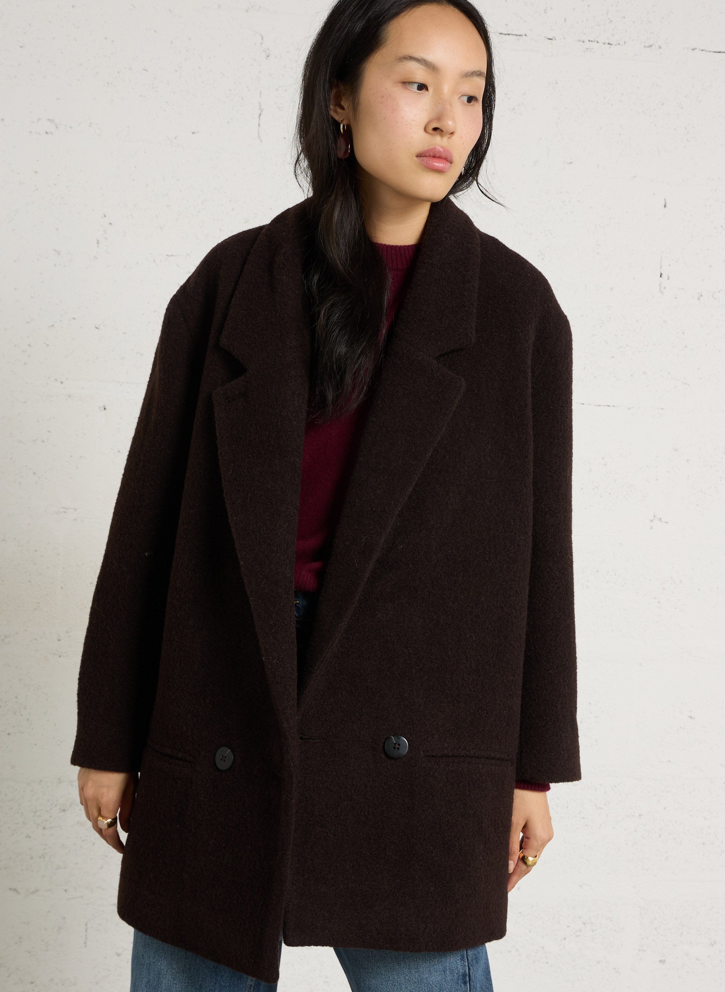 Veste droite col tailleur en laine mélangée LEON & HARPER Marron