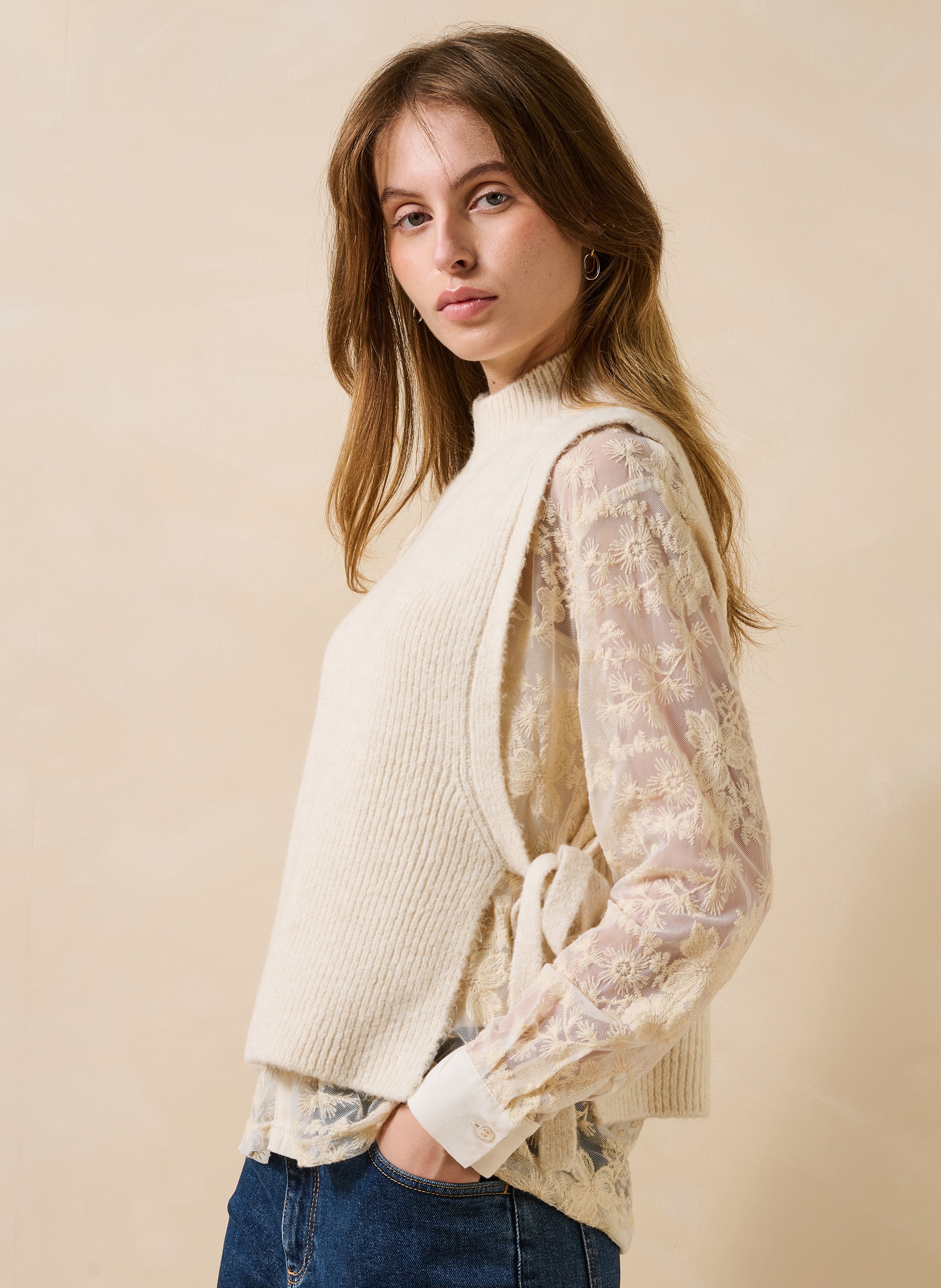 Pull col rond sans manches LA FEE MARABOUTEE Blanc