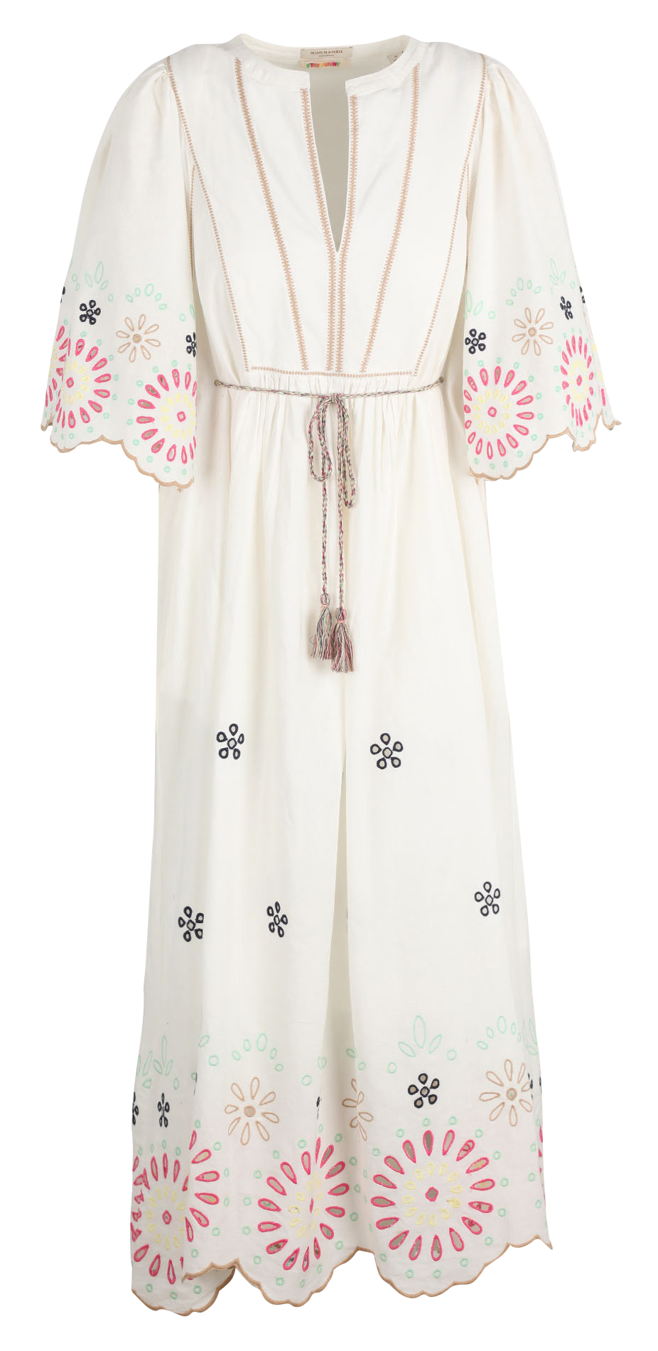 Kleid aus Baumwolle und Leinen mit farbiger Ajour-Stickerei SCOTCH AND SODA Beige