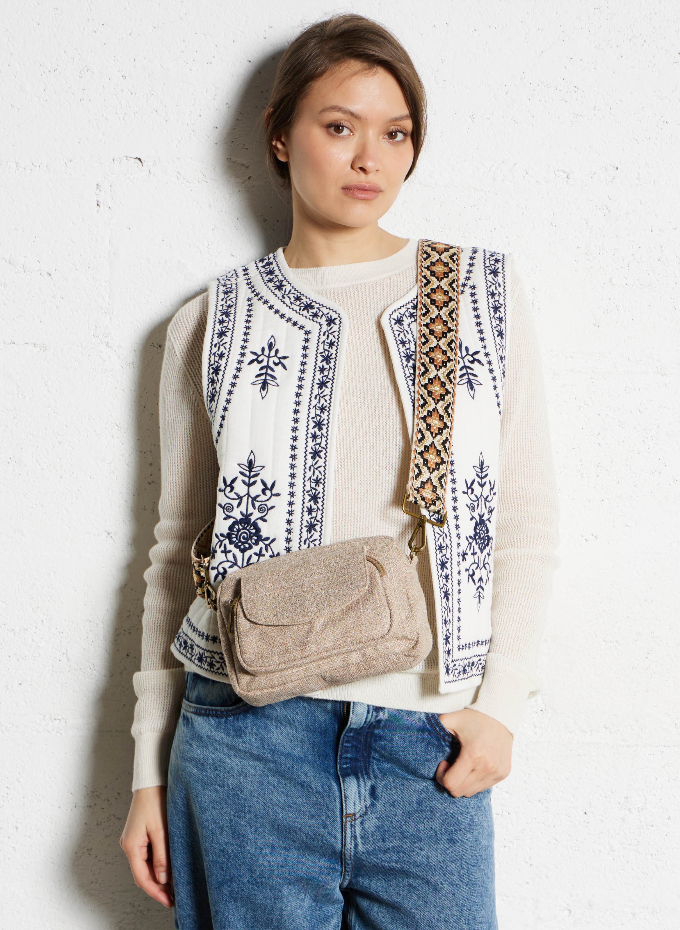 Zippered shoulder bag in blended cotton PIECES Beige