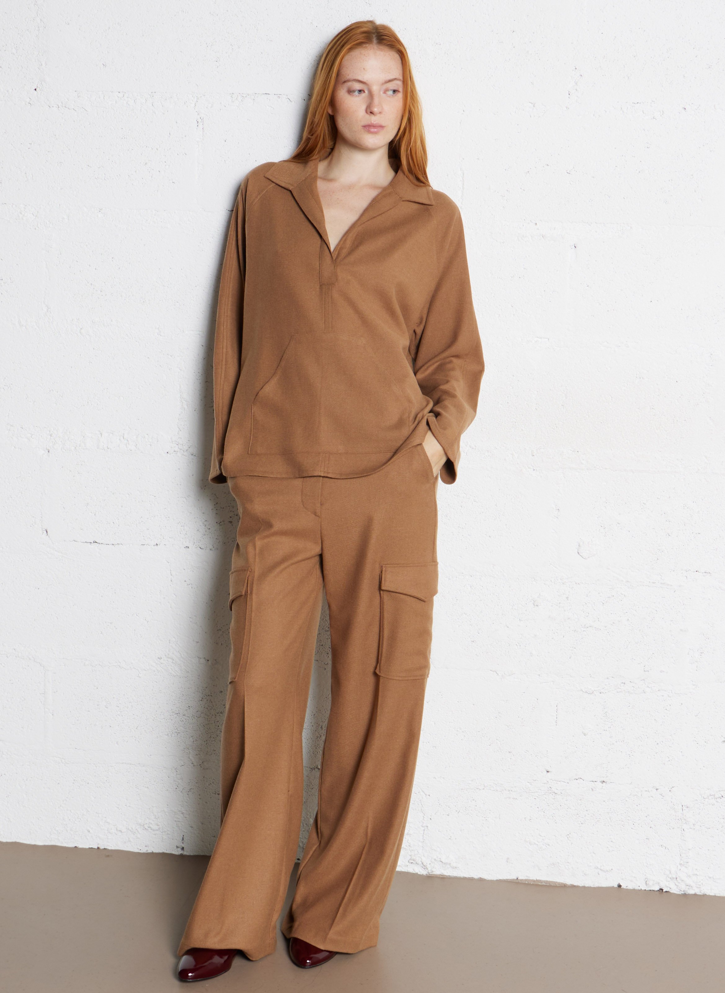 Oversized Long Sleeve Polo Top DIEGA Brown