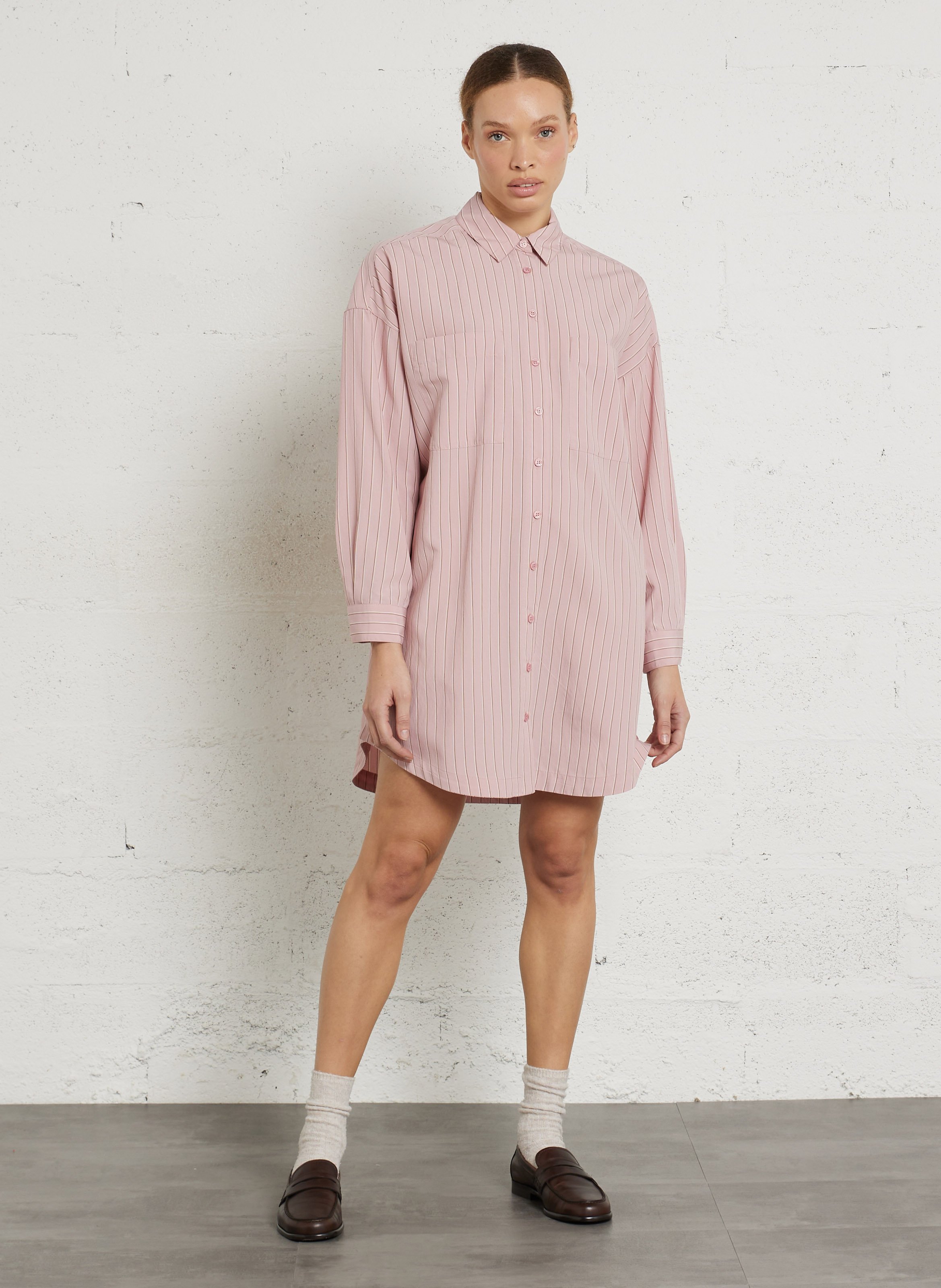 Robe chemise col classique rayée en coton DES PETITS HAUTS Rose