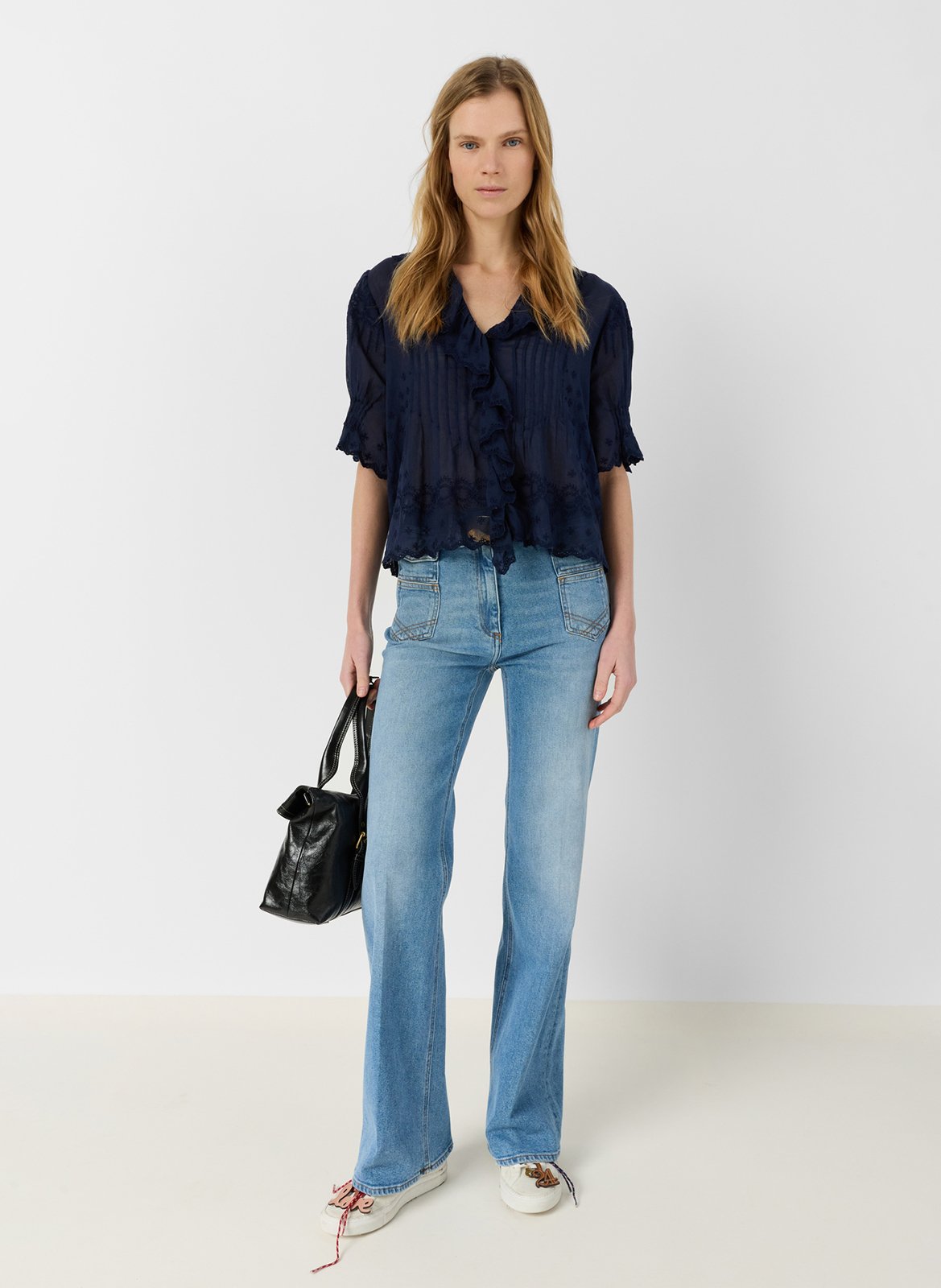 Top manches courtes brodé à volants GERARD DAREL Bleu