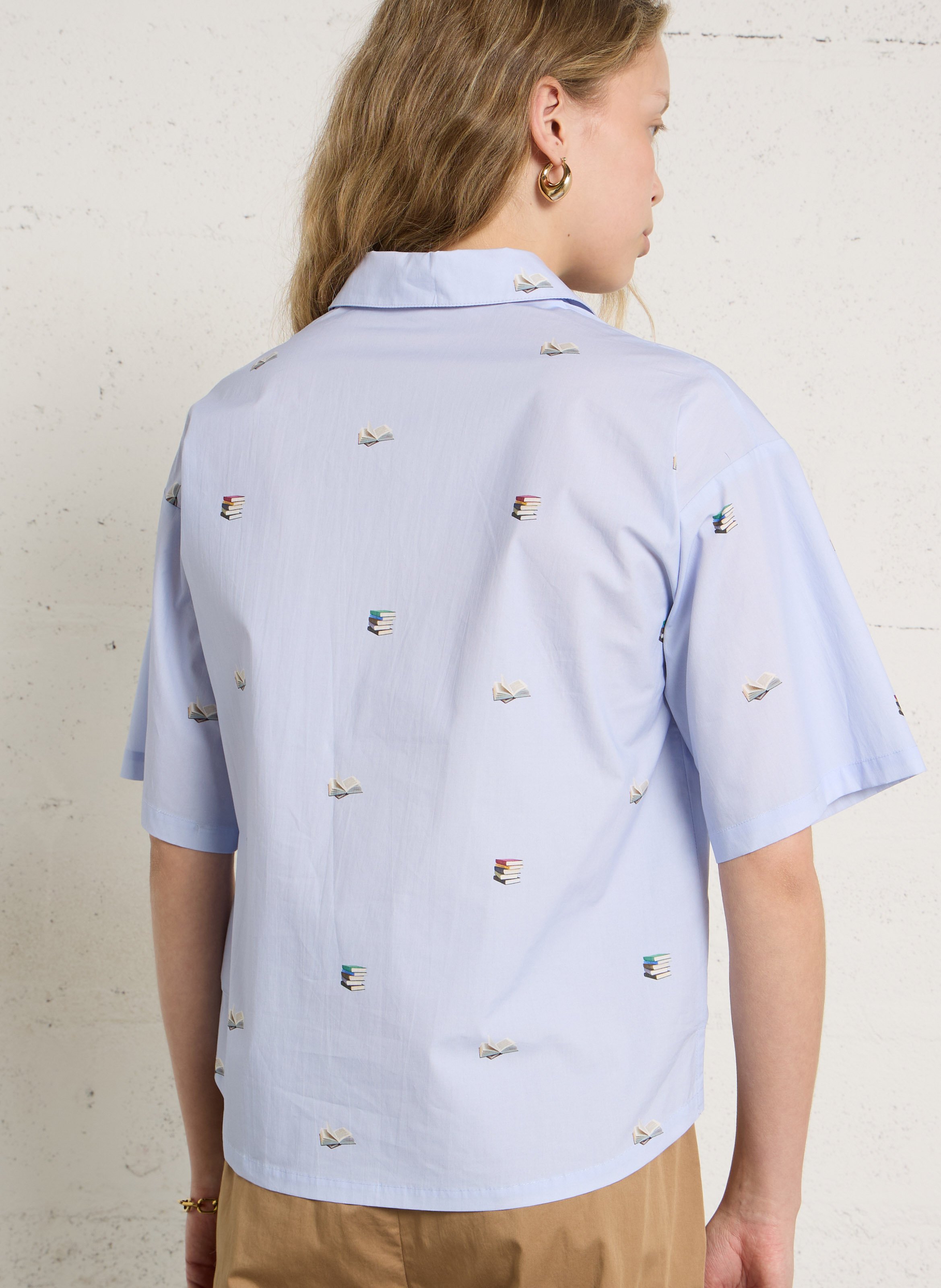 Blouse ample col V imprimée en coton NICE THINGS Bleu