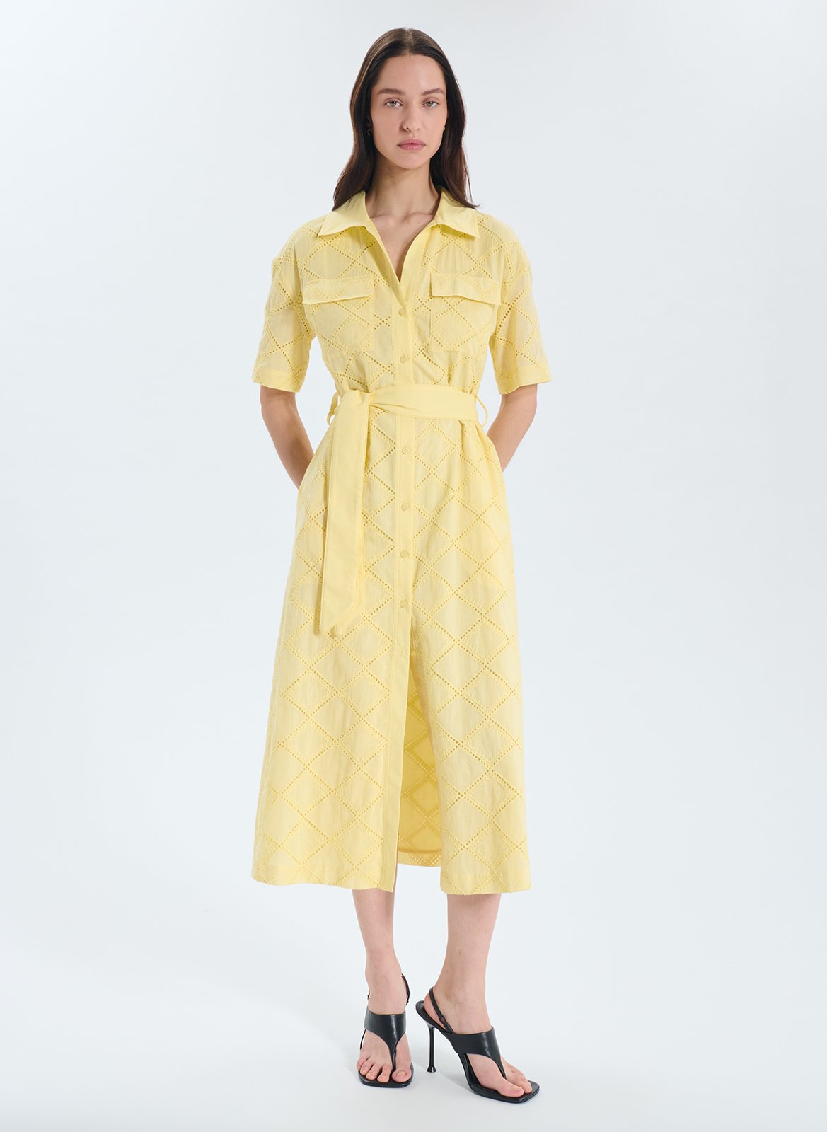 Robe midi brodée col classique ZAPA Jaune