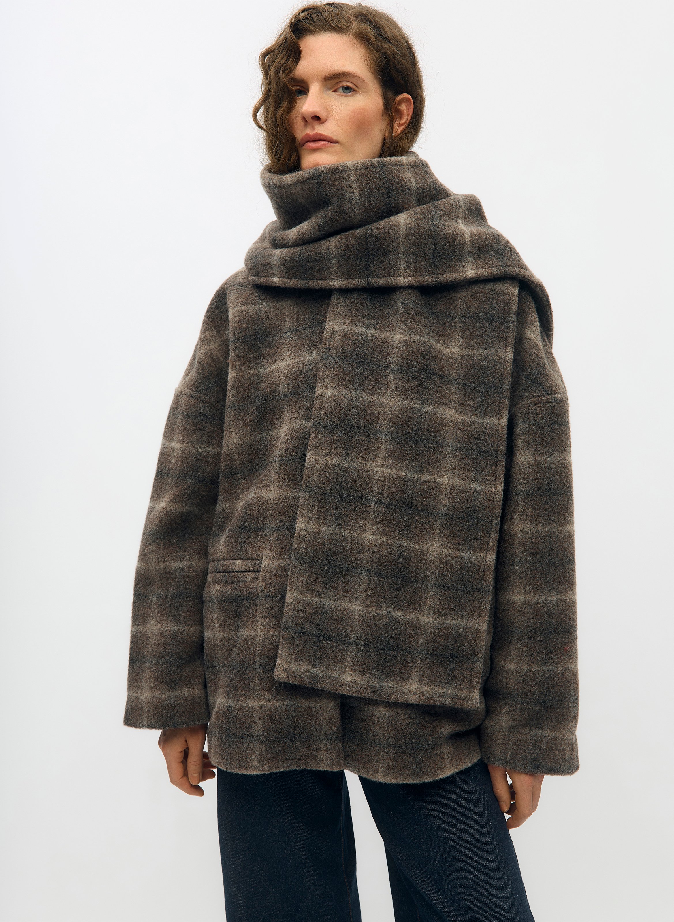 Manteau droit col rond à carreaux OBJECT Marron