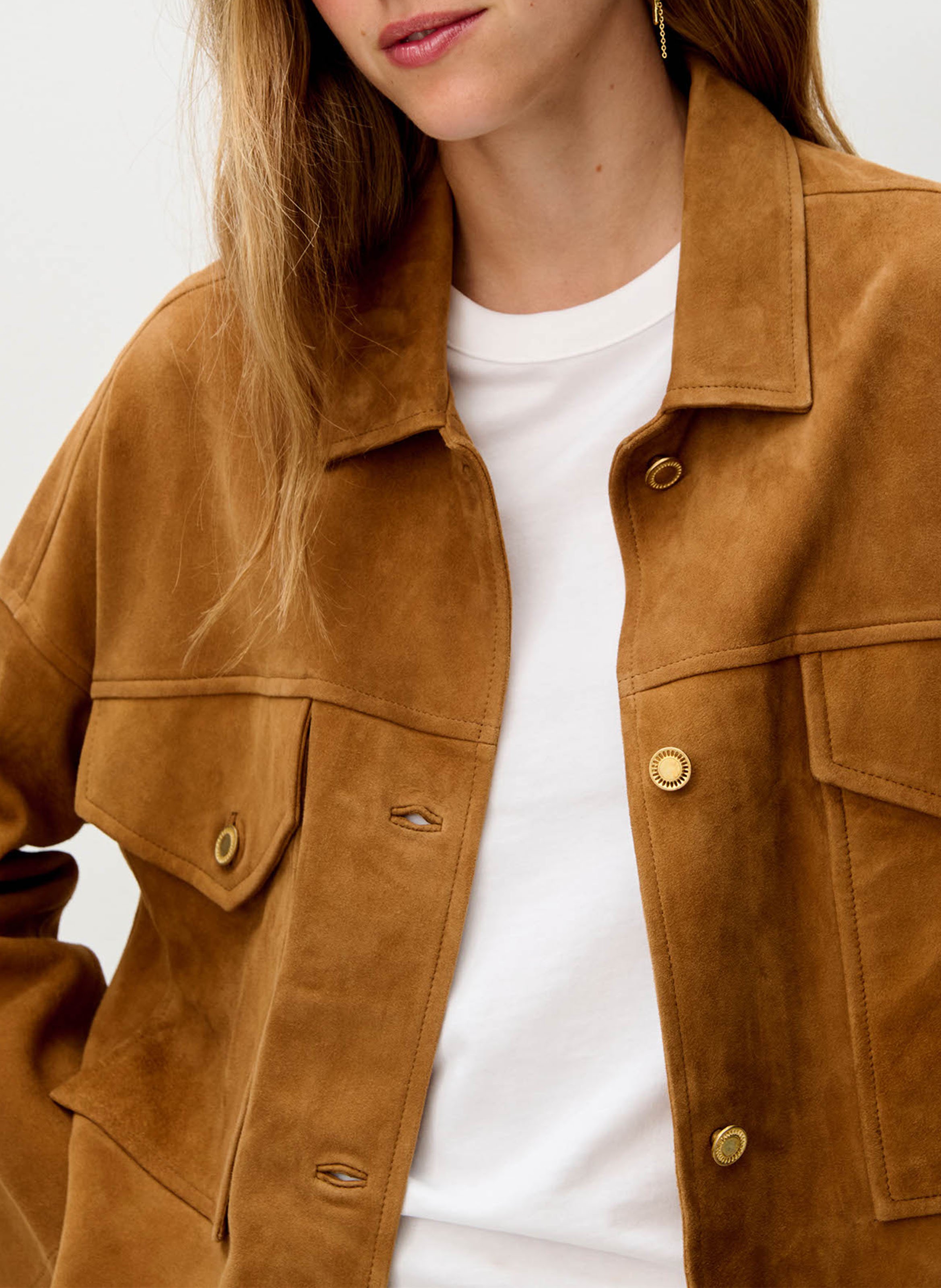 Straight jacket with classic collar in suede leather SESSUN Brown