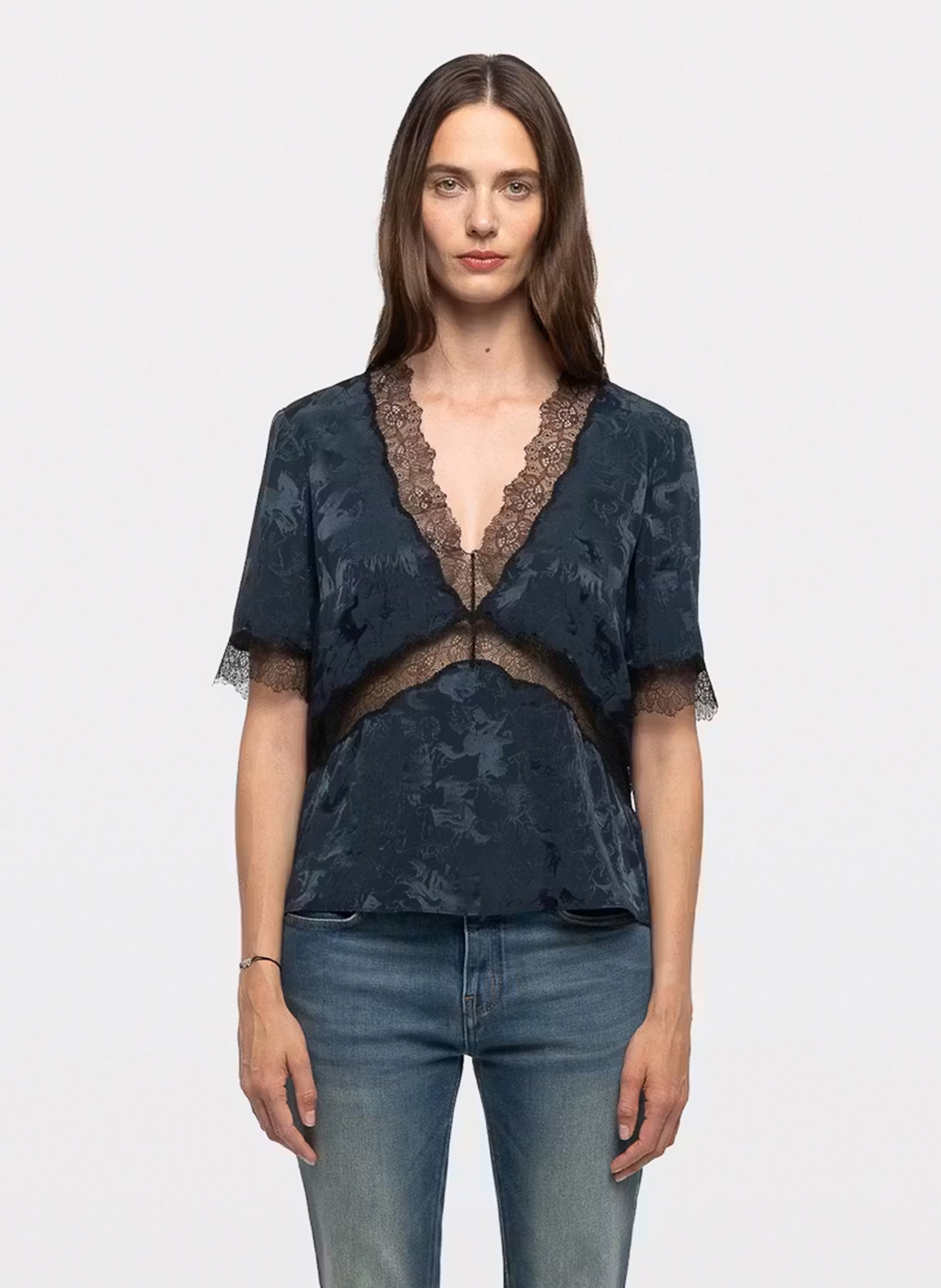 Silk printed V-neck straight top ZADIG&VOLTAIRE Blue