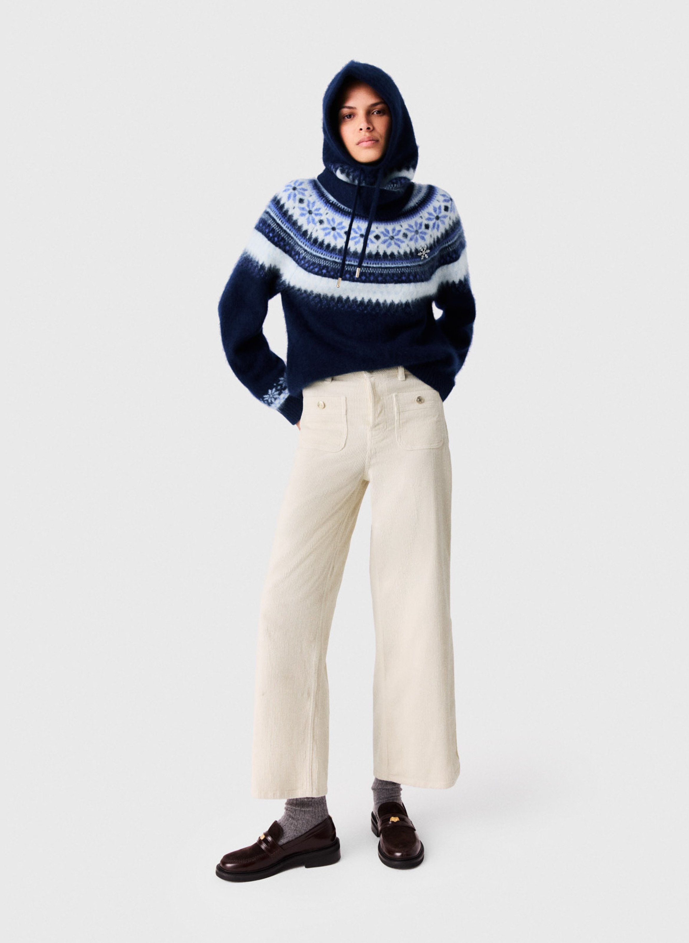 Pantalon large côtelé en coton mélangée MAJE Beige