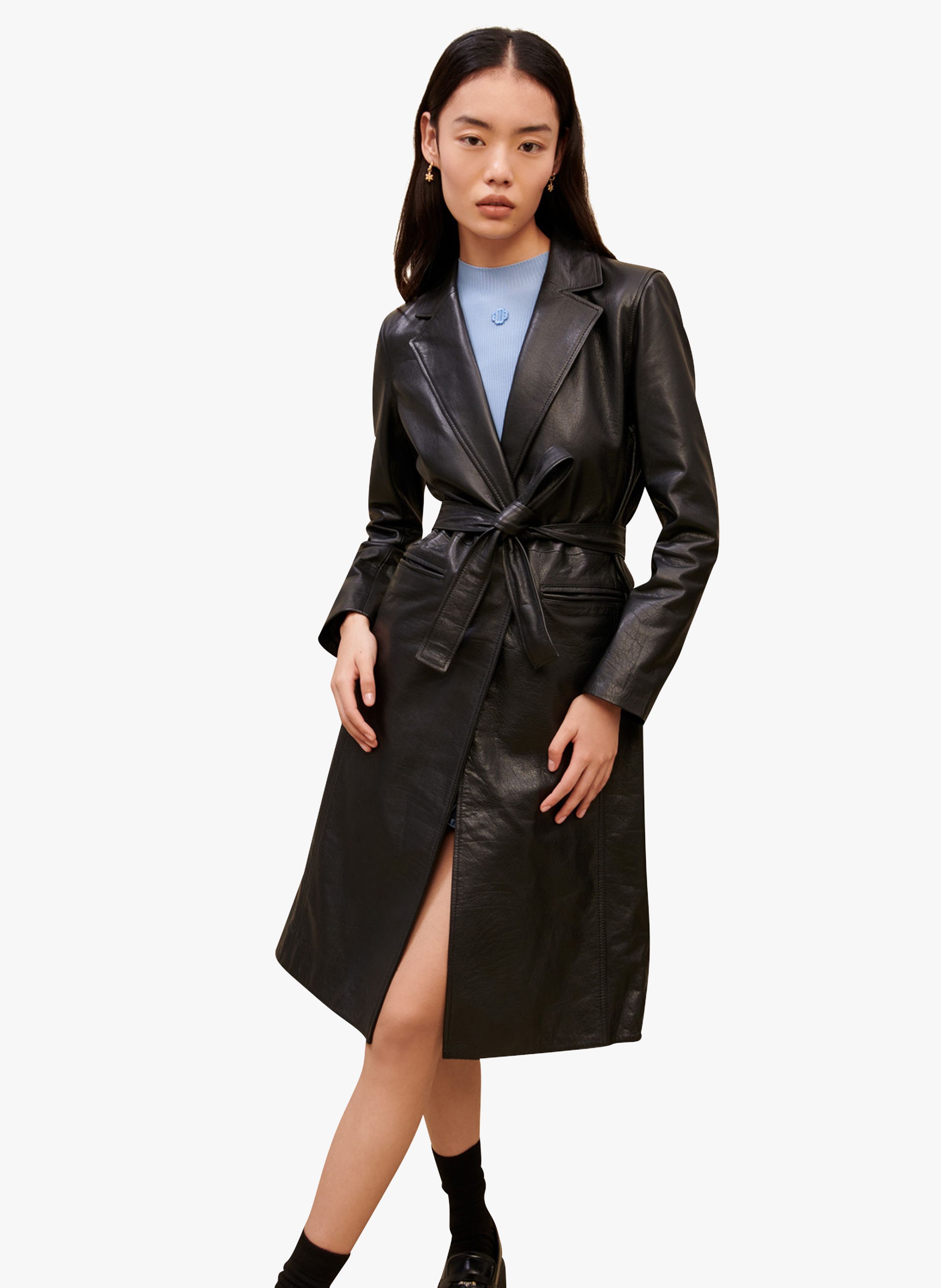 Trench col tailleur en cuir Noir