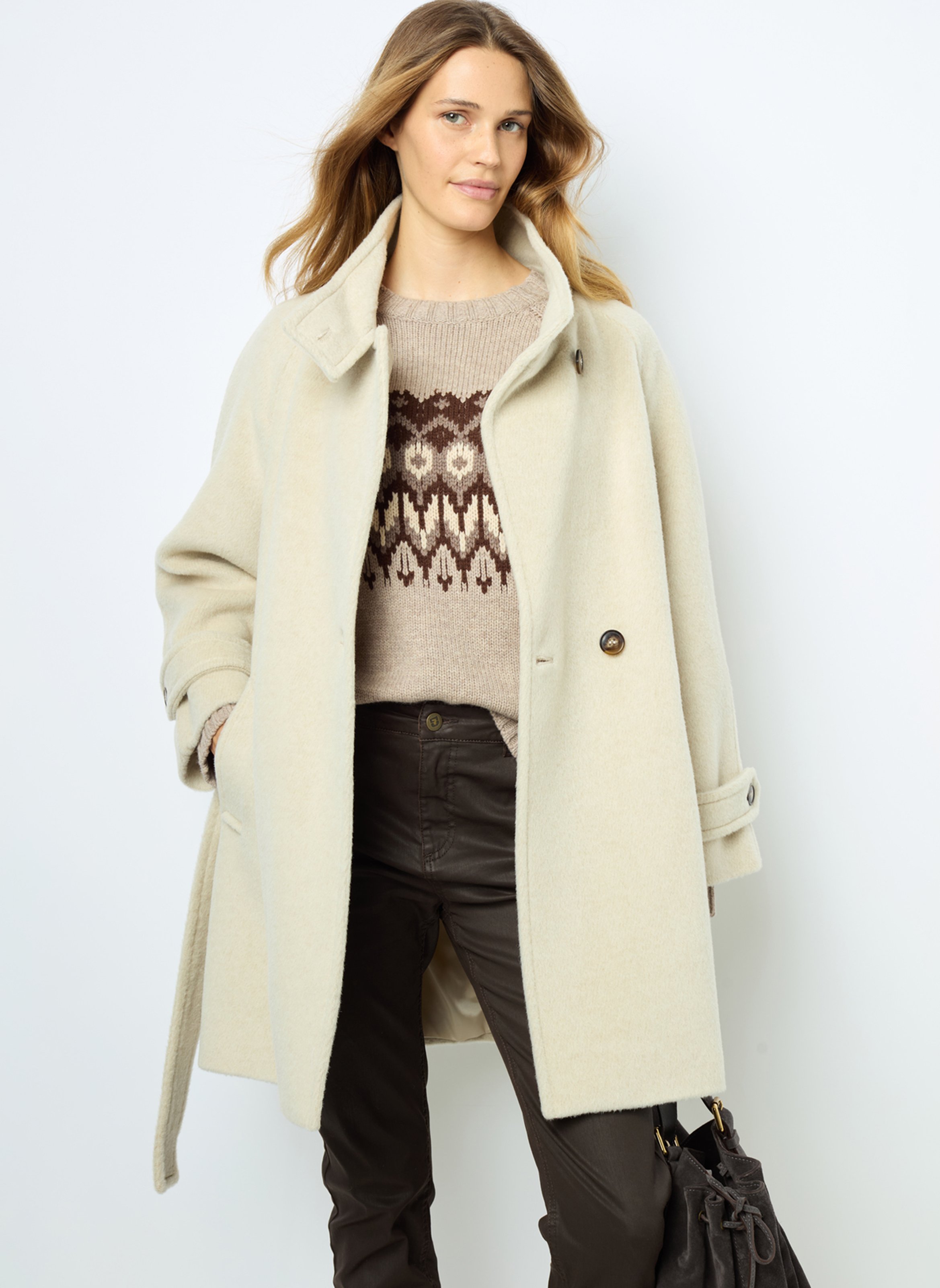 Manteau col montant en laine melange Beige