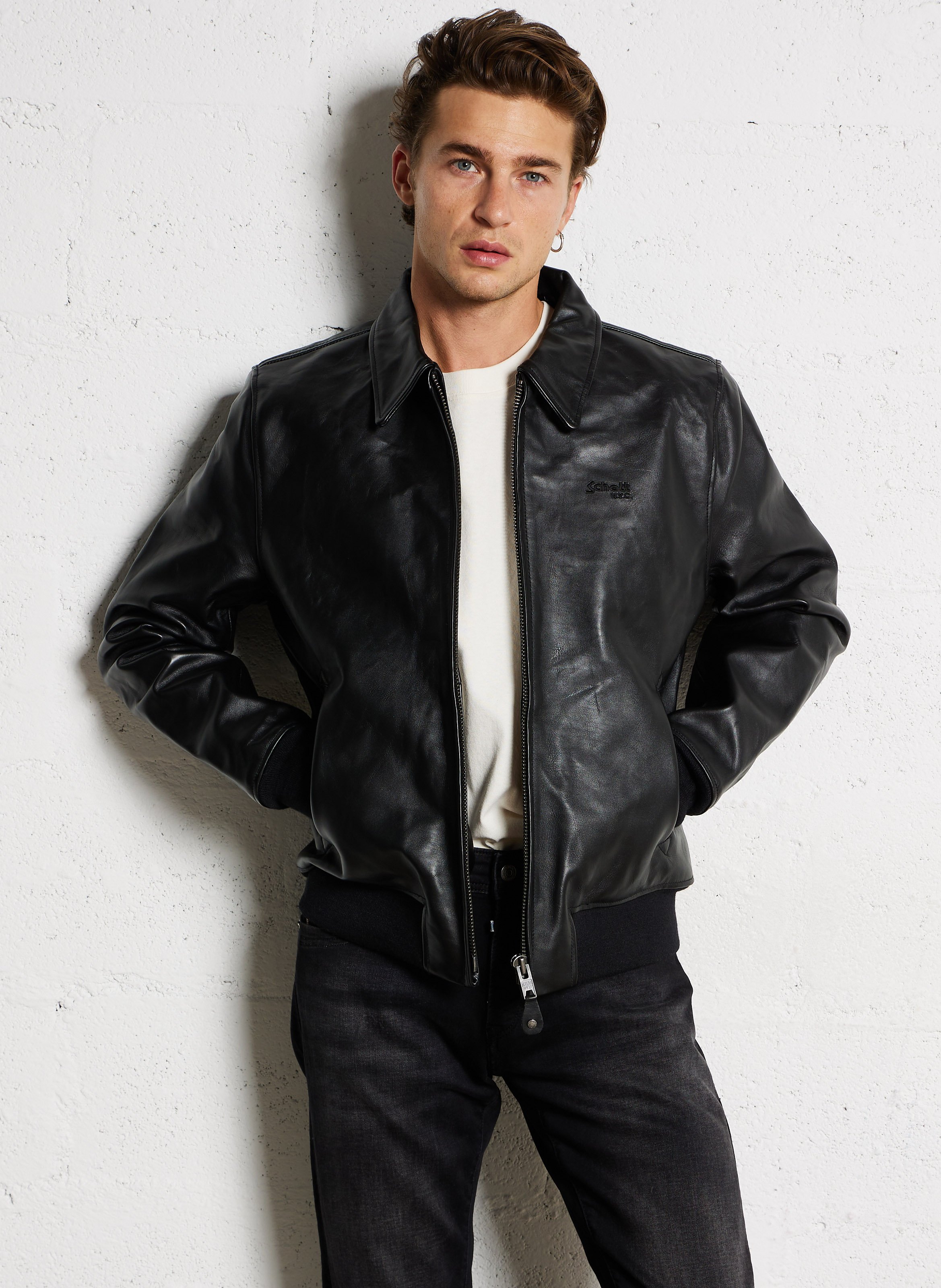 Veste col classique en cuir SCHOTT Noir