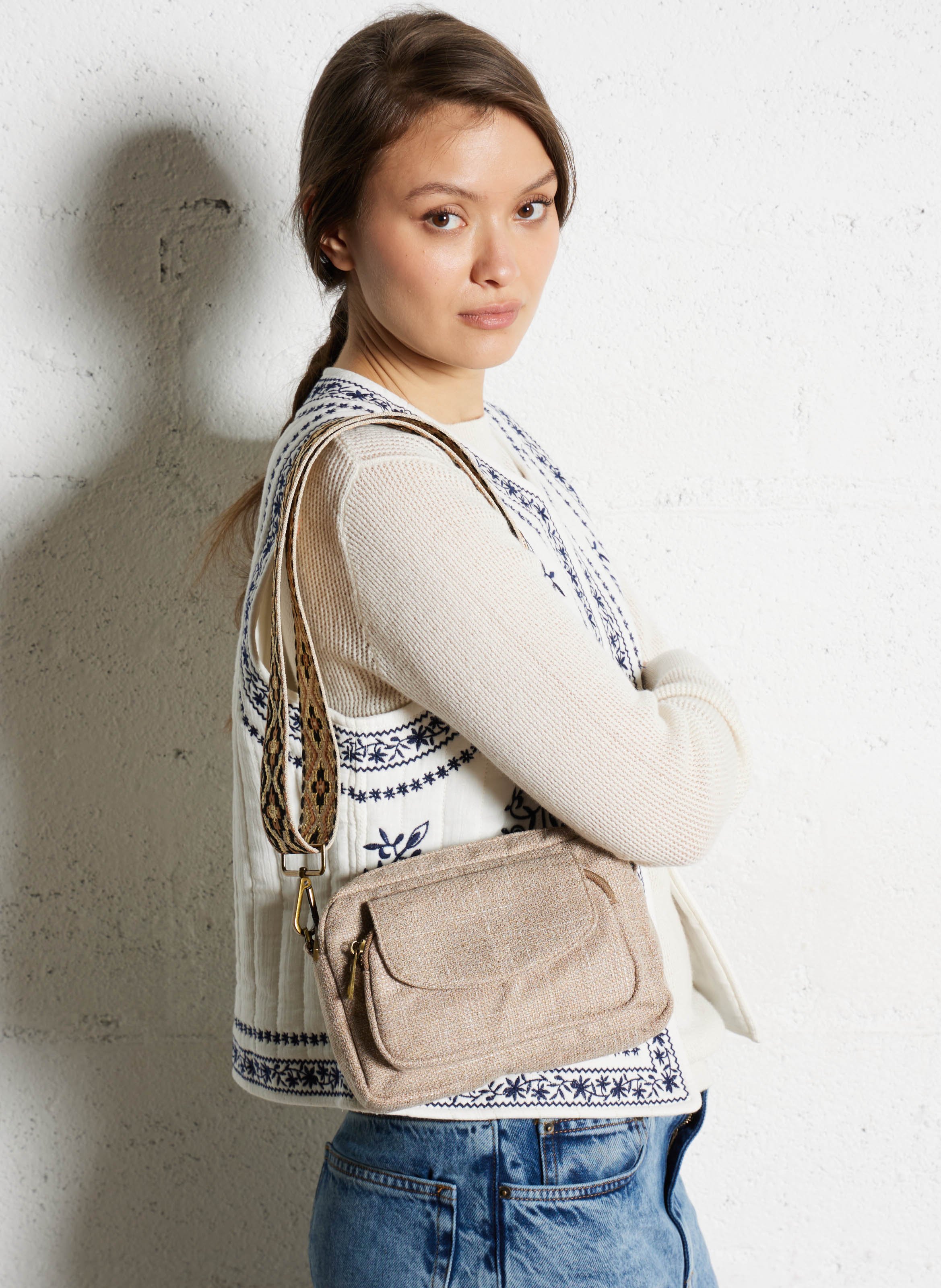 Zippered shoulder bag in blended cotton PIECES Beige