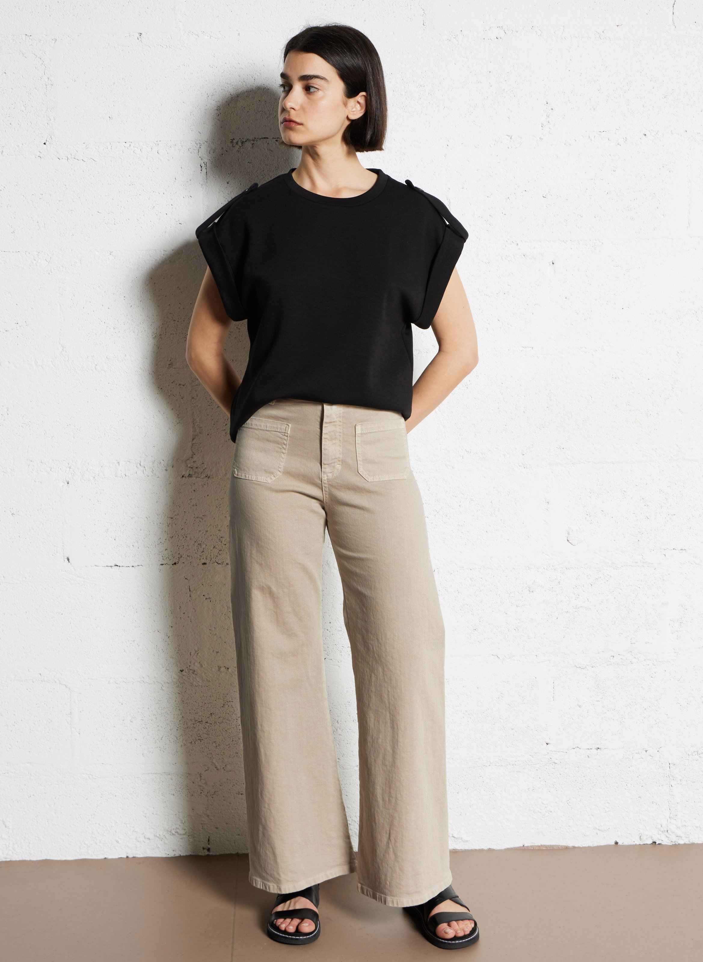 High-rise wide-leg cotton jeans PLEASE Beige