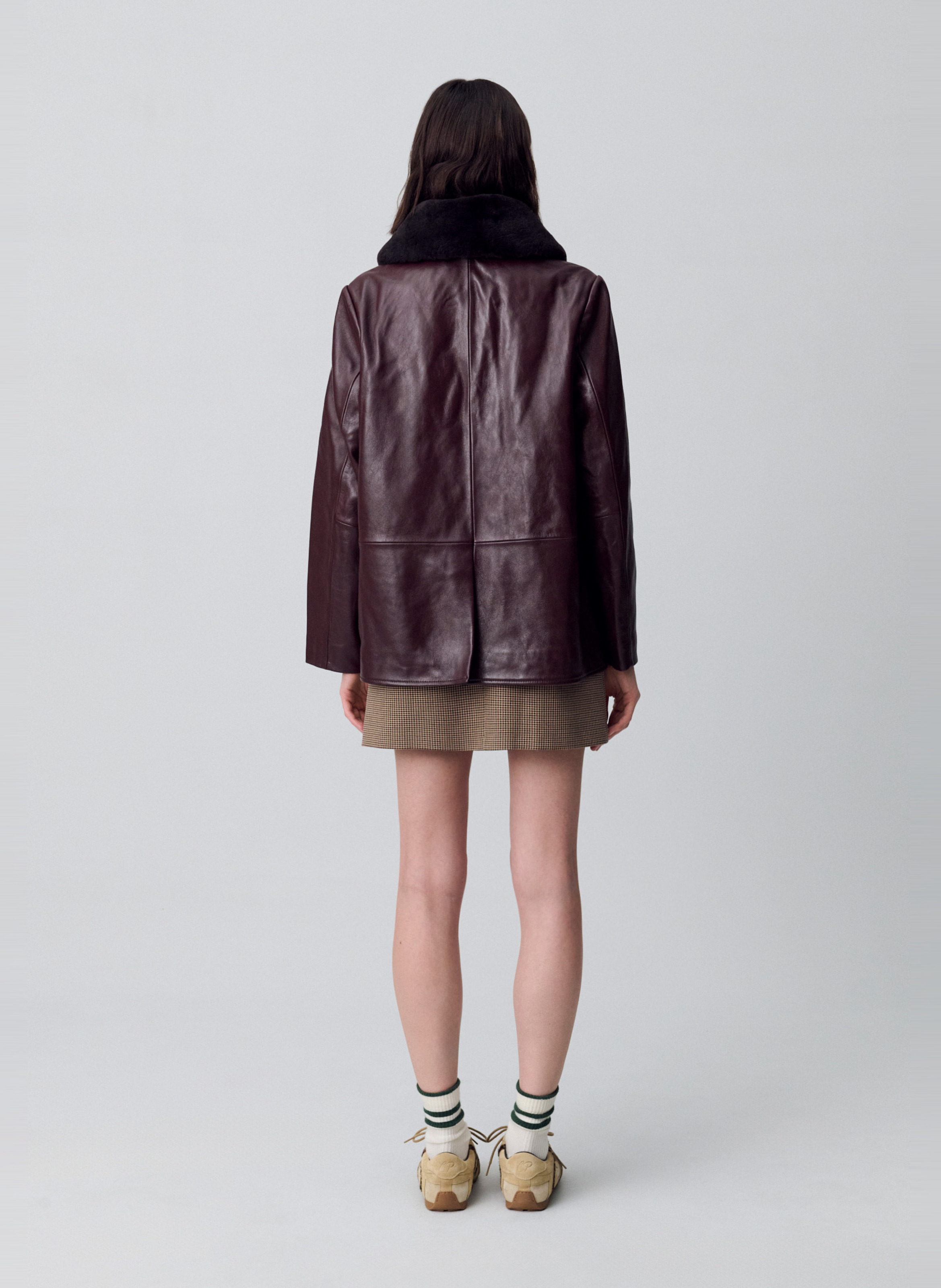 Veste large unie à col fourrure en cuir  CLAUDIE PIERLOT Rouge