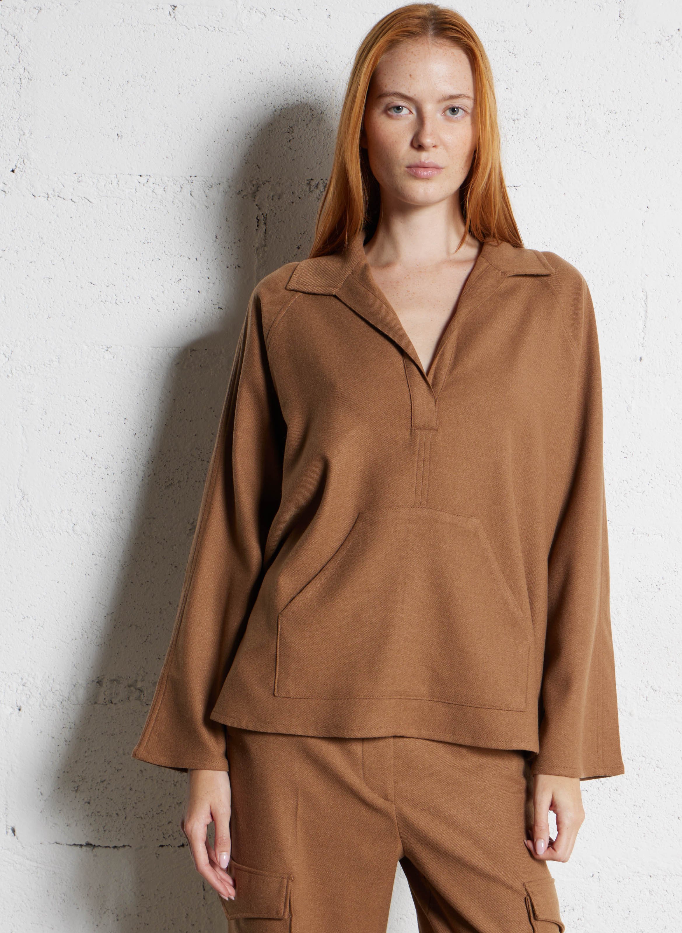 Oversized Long Sleeve Polo Top DIEGA Brown