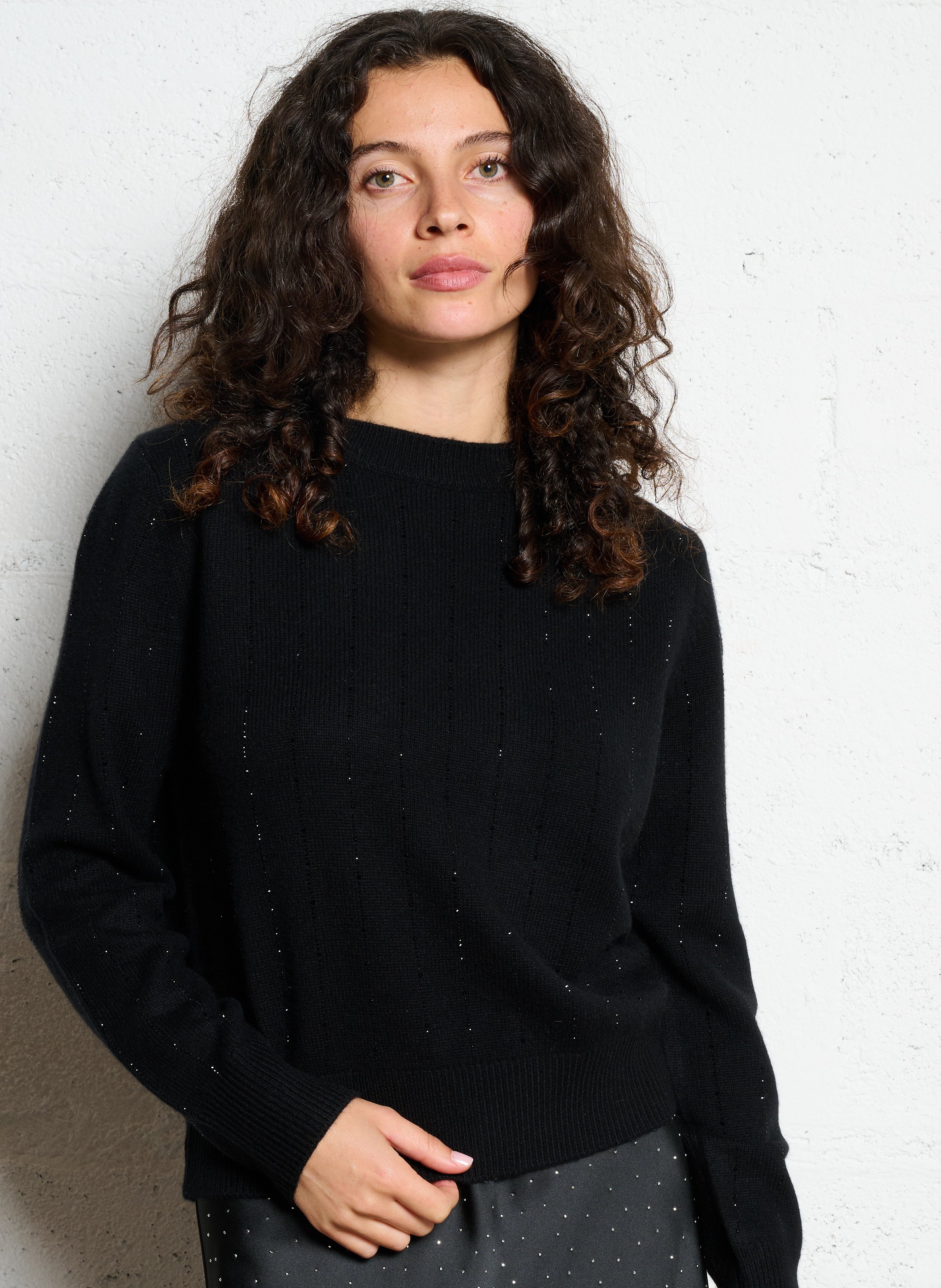 Rundhalsausschnitt-Pullover mit Strass aus Merinowolle und Kaschmir BERENICE Schwarz