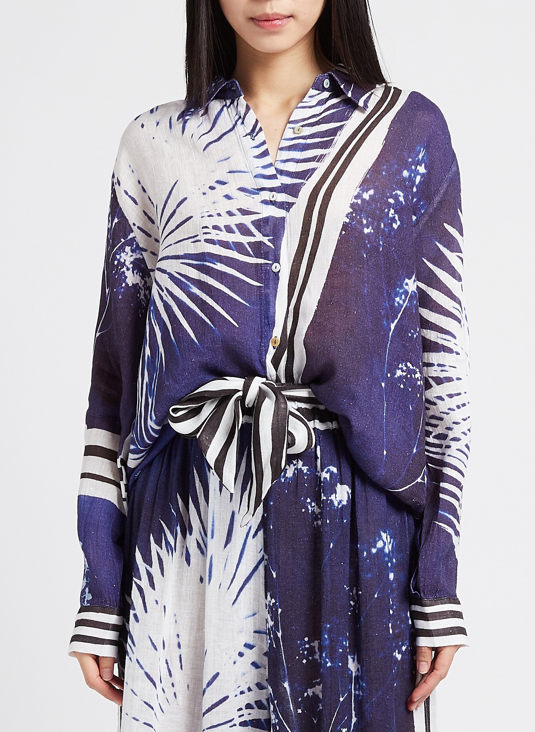 Oversize-Bluse aus bedrucktem Leinen MES DEMOISELLES Blau