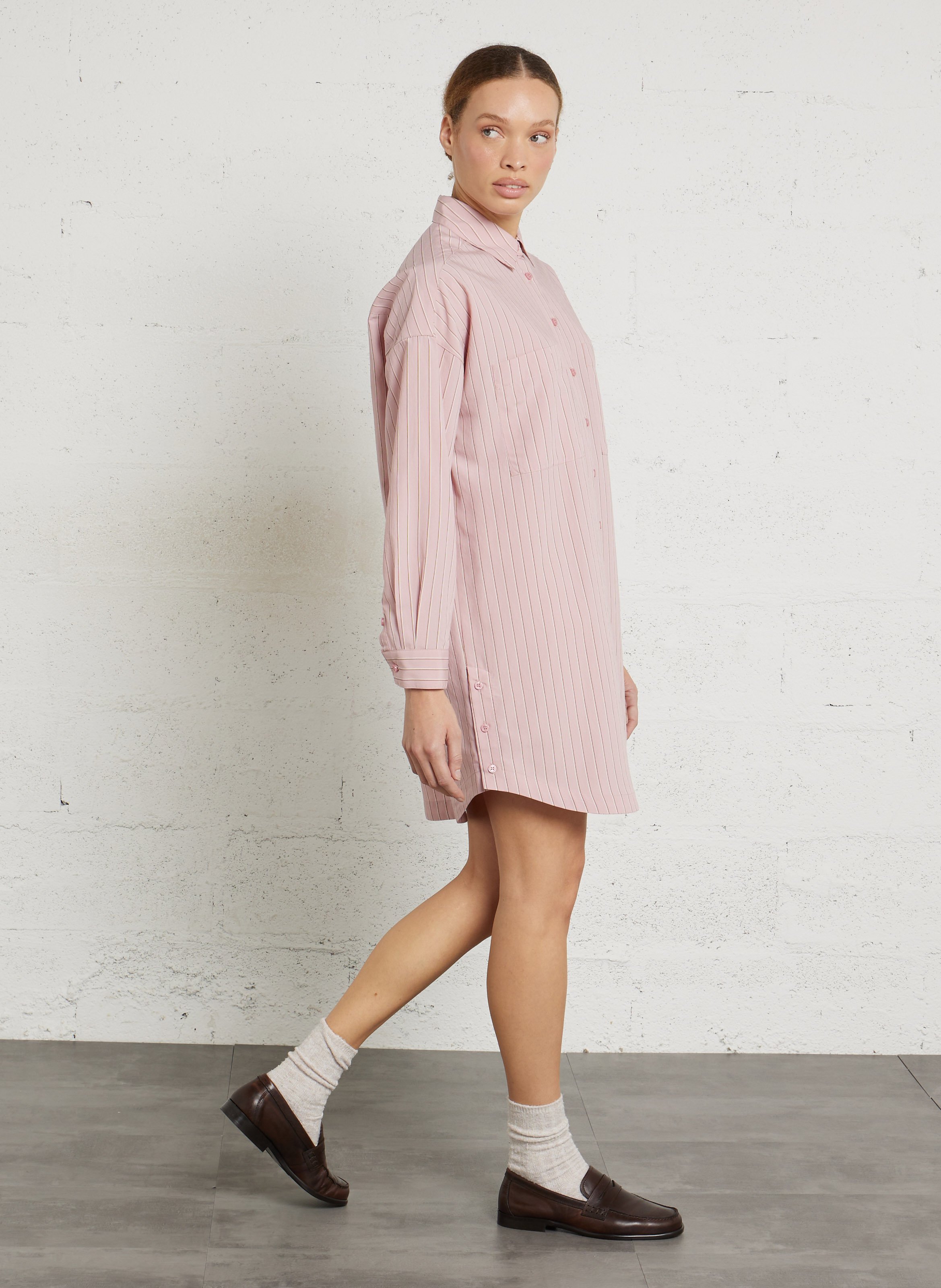 Robe chemise col classique rayée en coton DES PETITS HAUTS Rose