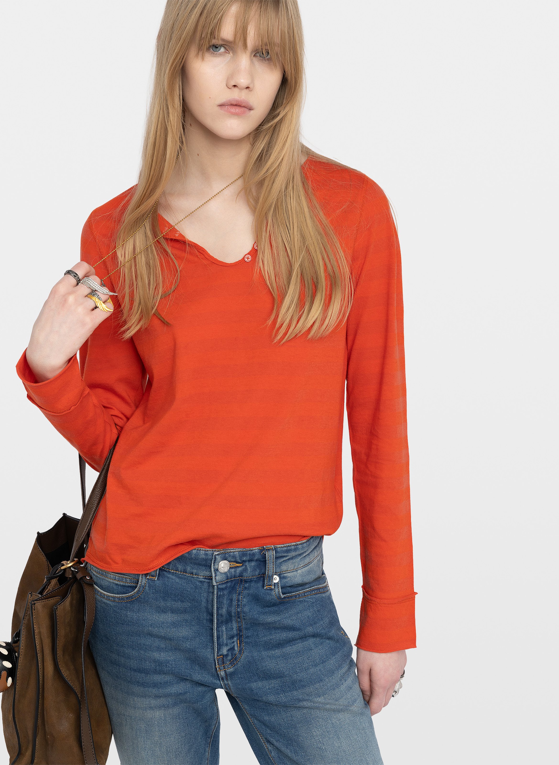Gerade geschnittenes Baumwoll-T-Shirt mit Henley-Ausschnitt ZADIG&VOLTAIRE Orange