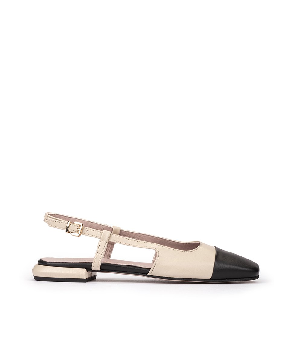 Beige leather cut-out ballerina flats with black toe. PEDRO MIRALLES Beige