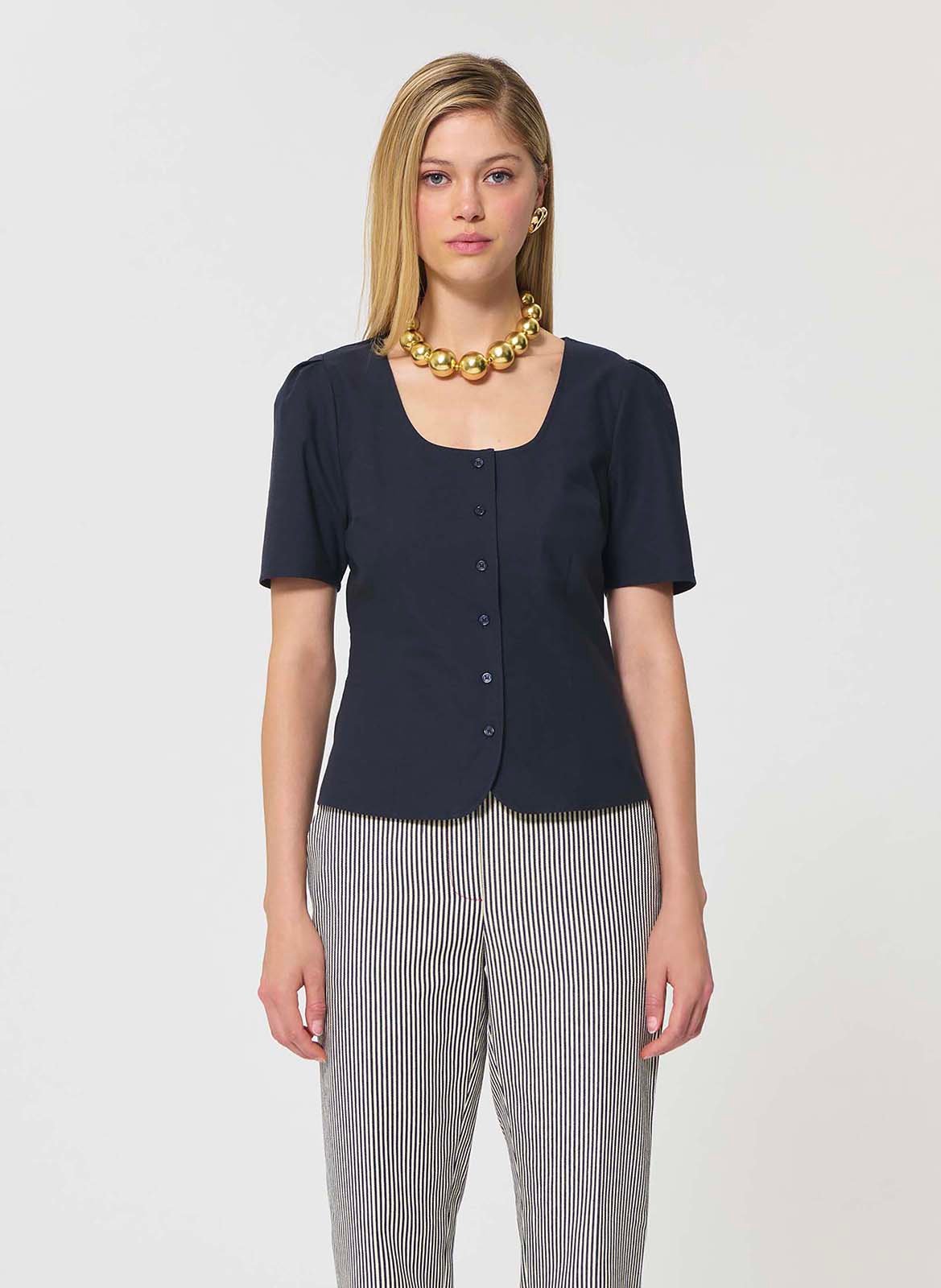 Top droit boutonné manches ballon TARA JARMON Bleu