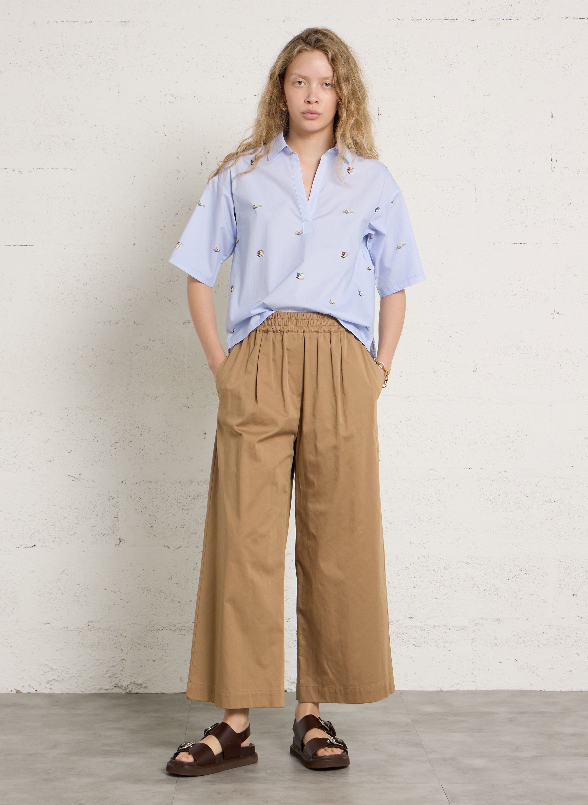 Blouse ample col V imprimée en coton NICE THINGS Bleu