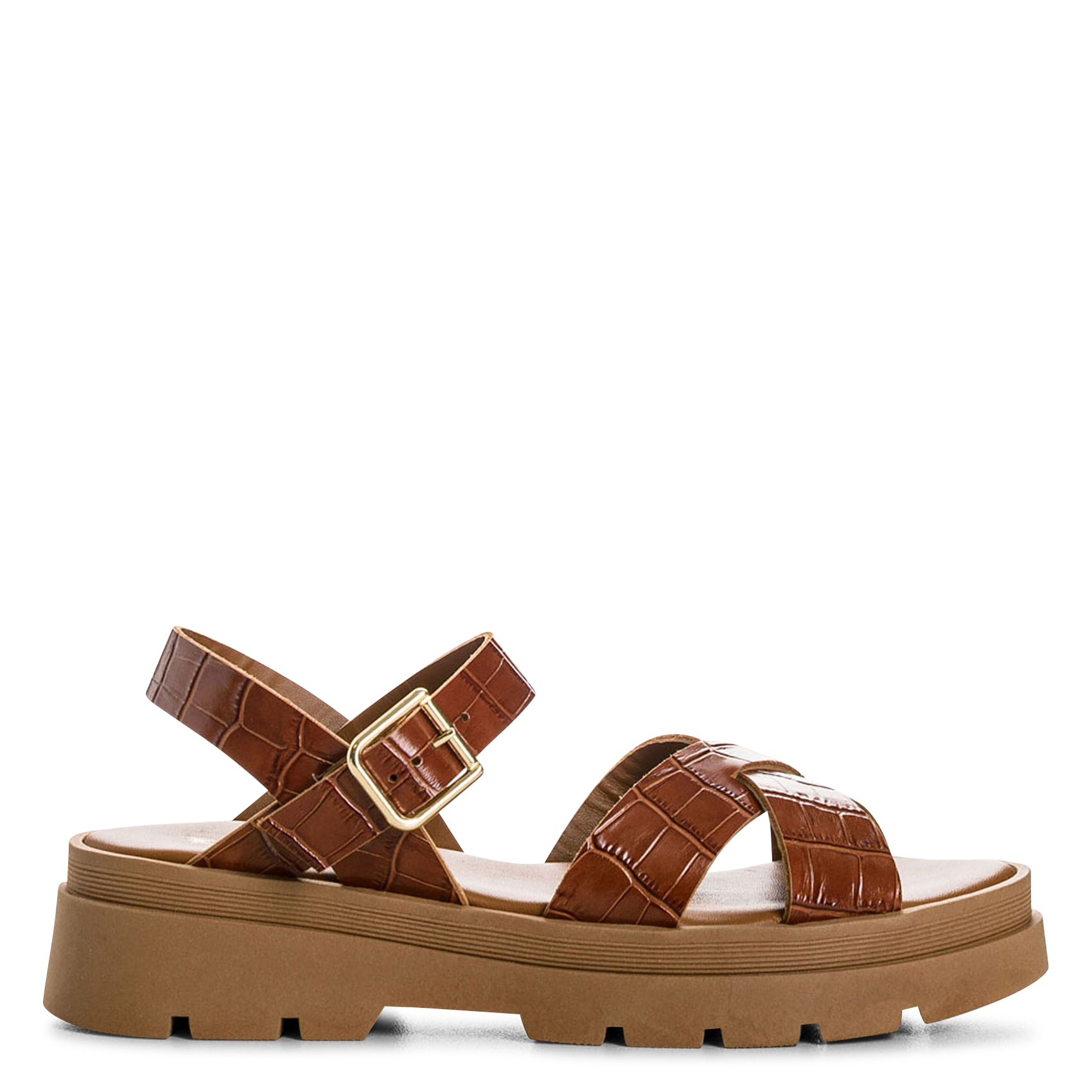 Sandales plates en cuir embossé REQINS Marron