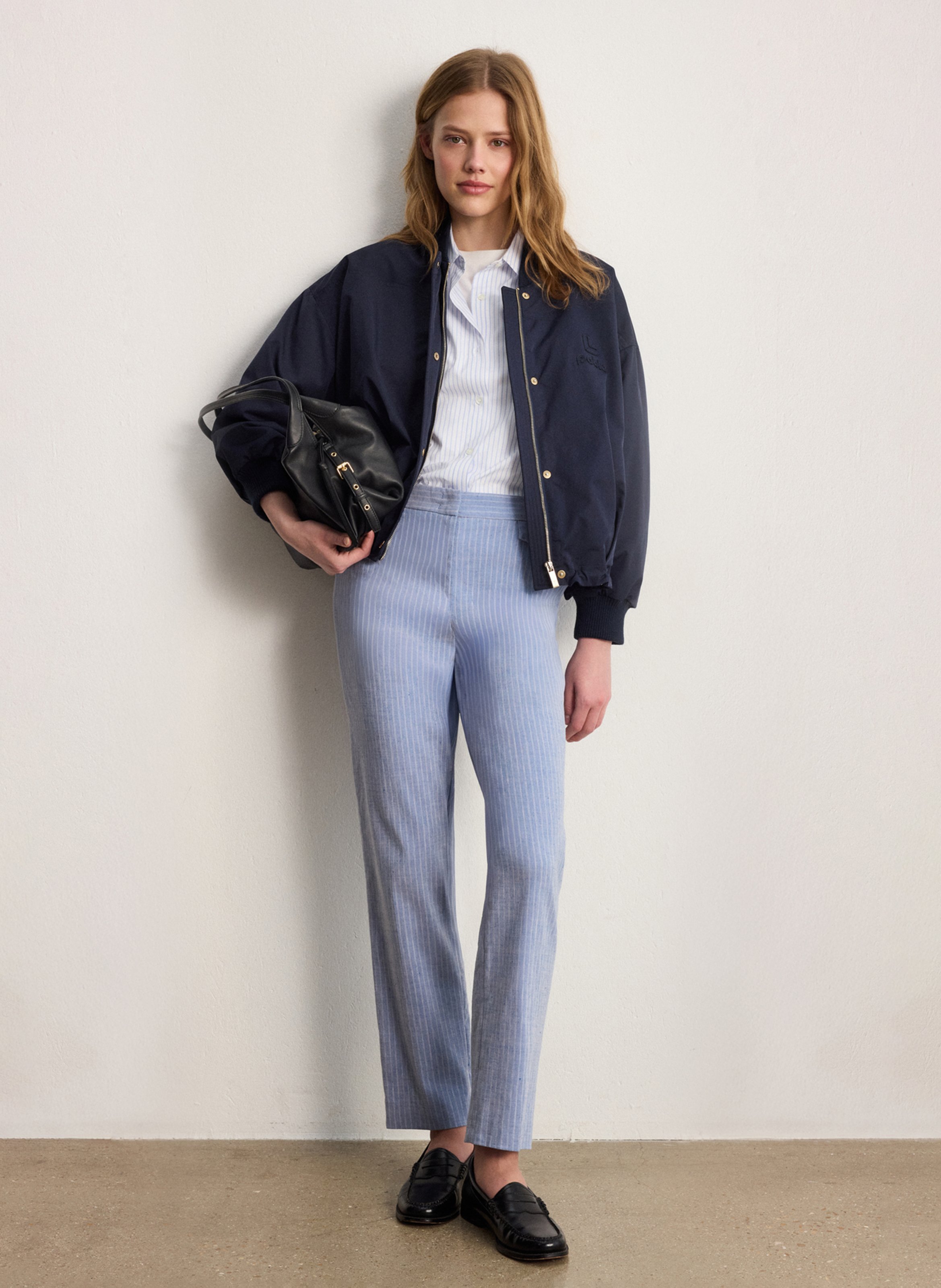 Pantalon droit en lin mélangé PABLO Bleu