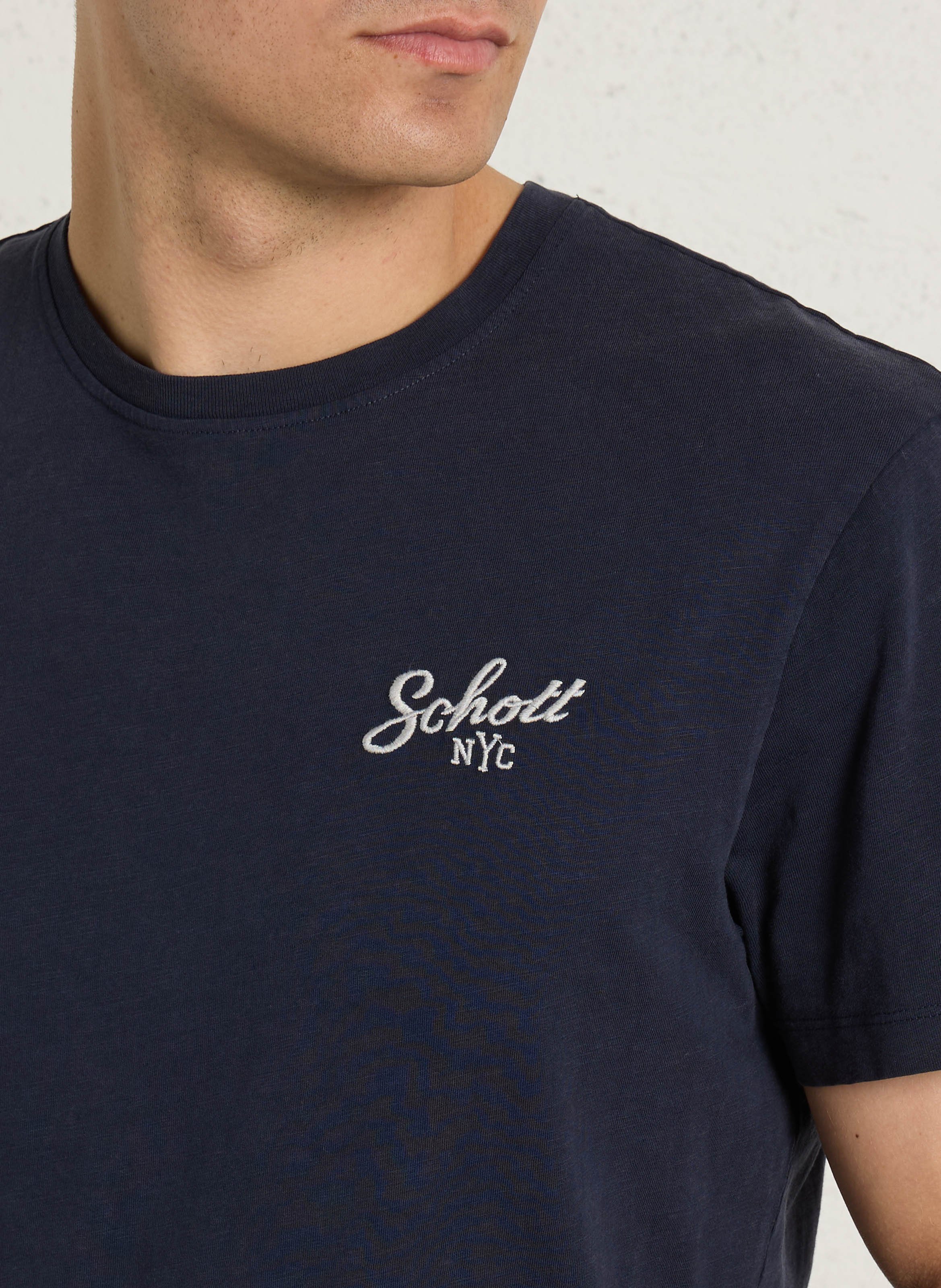 Straight round neck embroidered t-shirt SCHOTT Blue