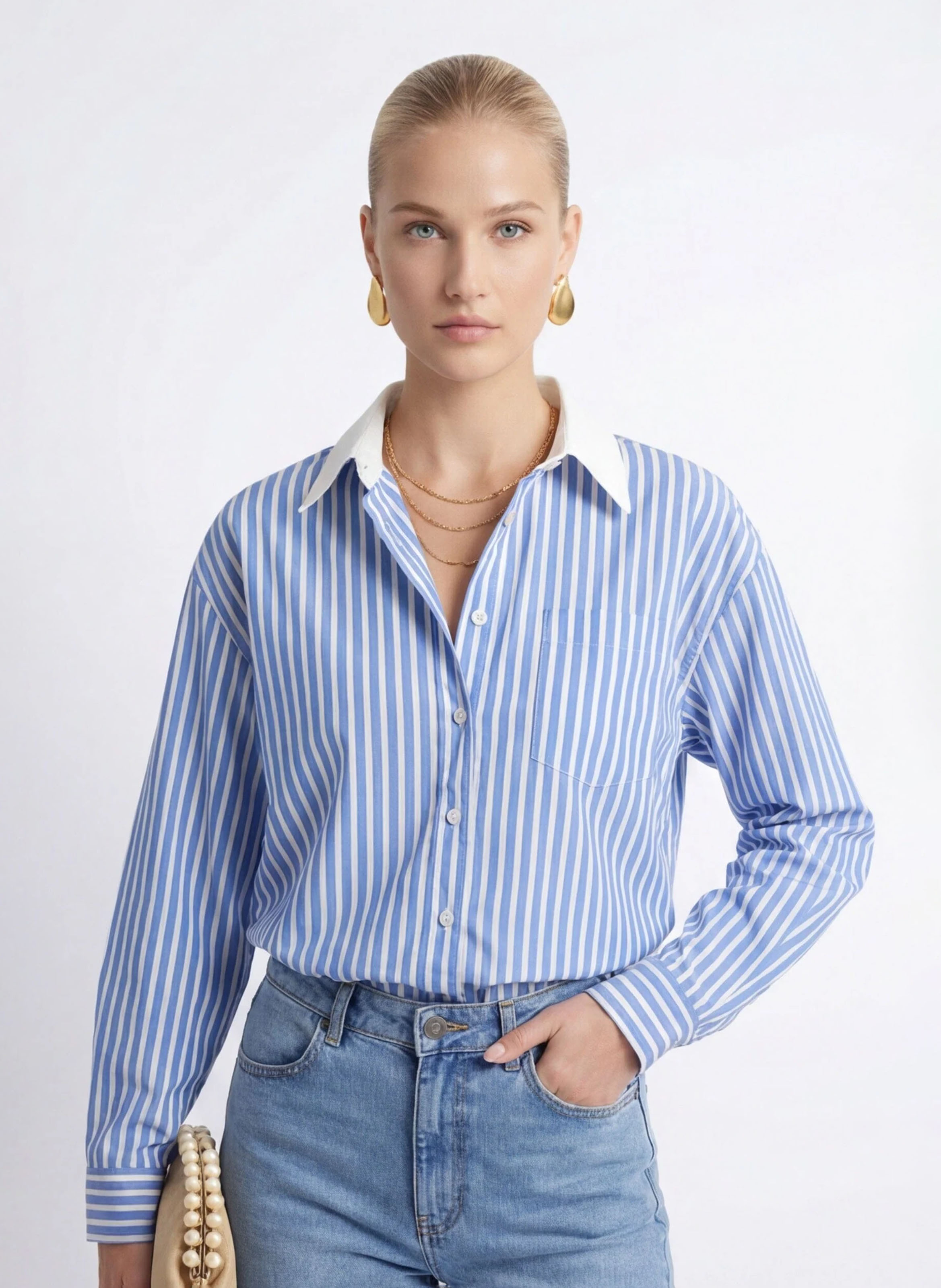 Rechte, gestreepte, katoenen blouse met klassieke kraag KOOKAI
