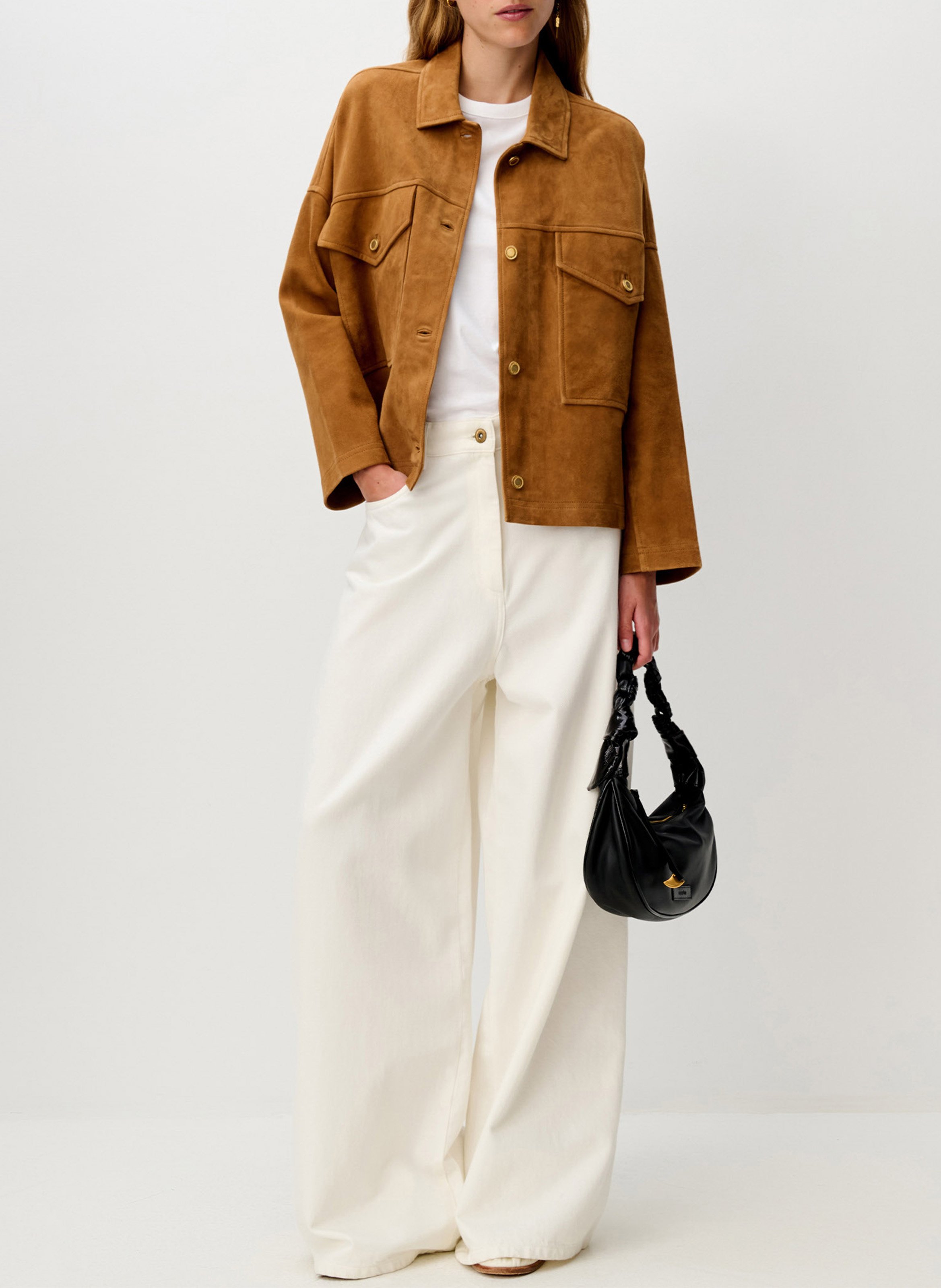 Straight jacket with classic collar in suede leather SESSUN Brown