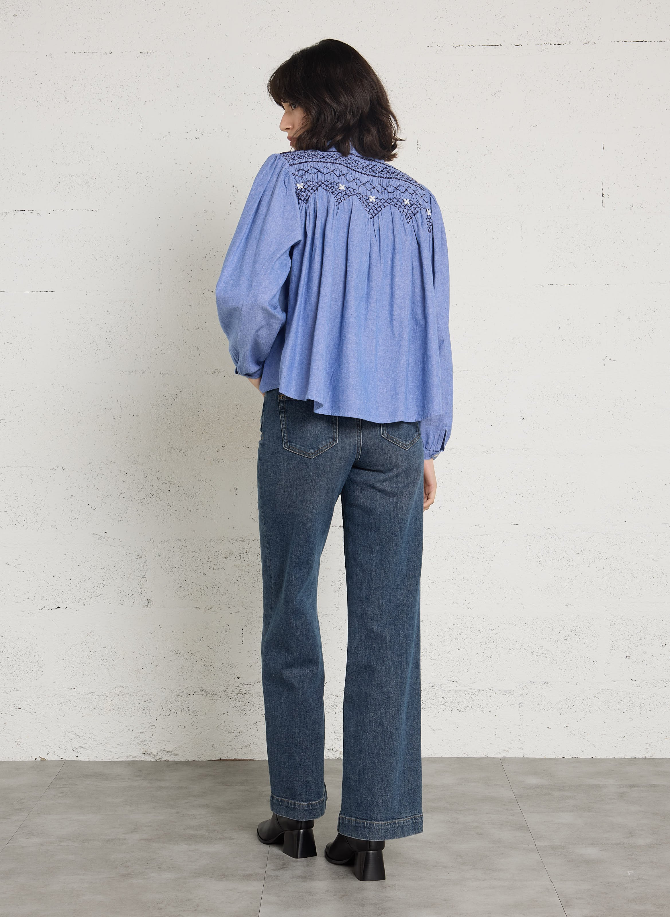 Bluse aus Bio-Baumwolle mit Rundhalskragen und Stickerei LOUISE MISHA Blau