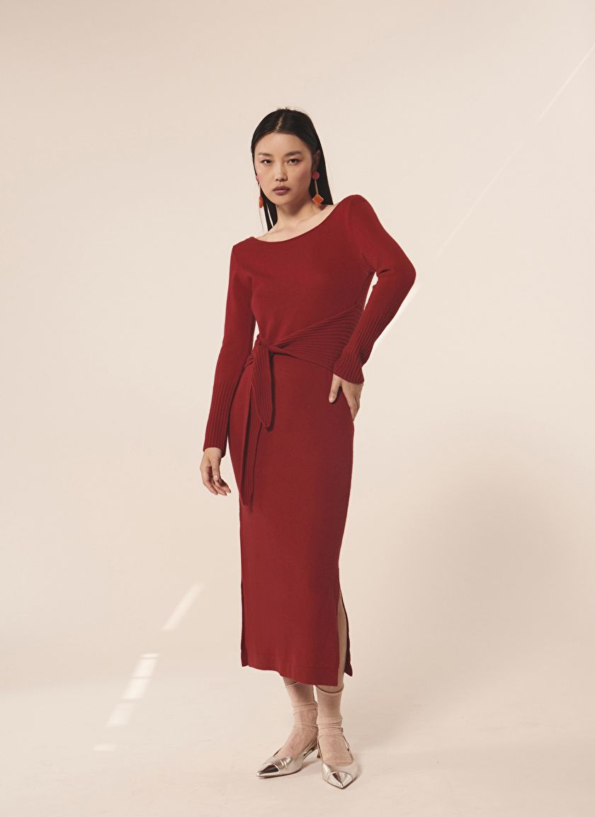 Robe longue droite col rond en laine Rouge