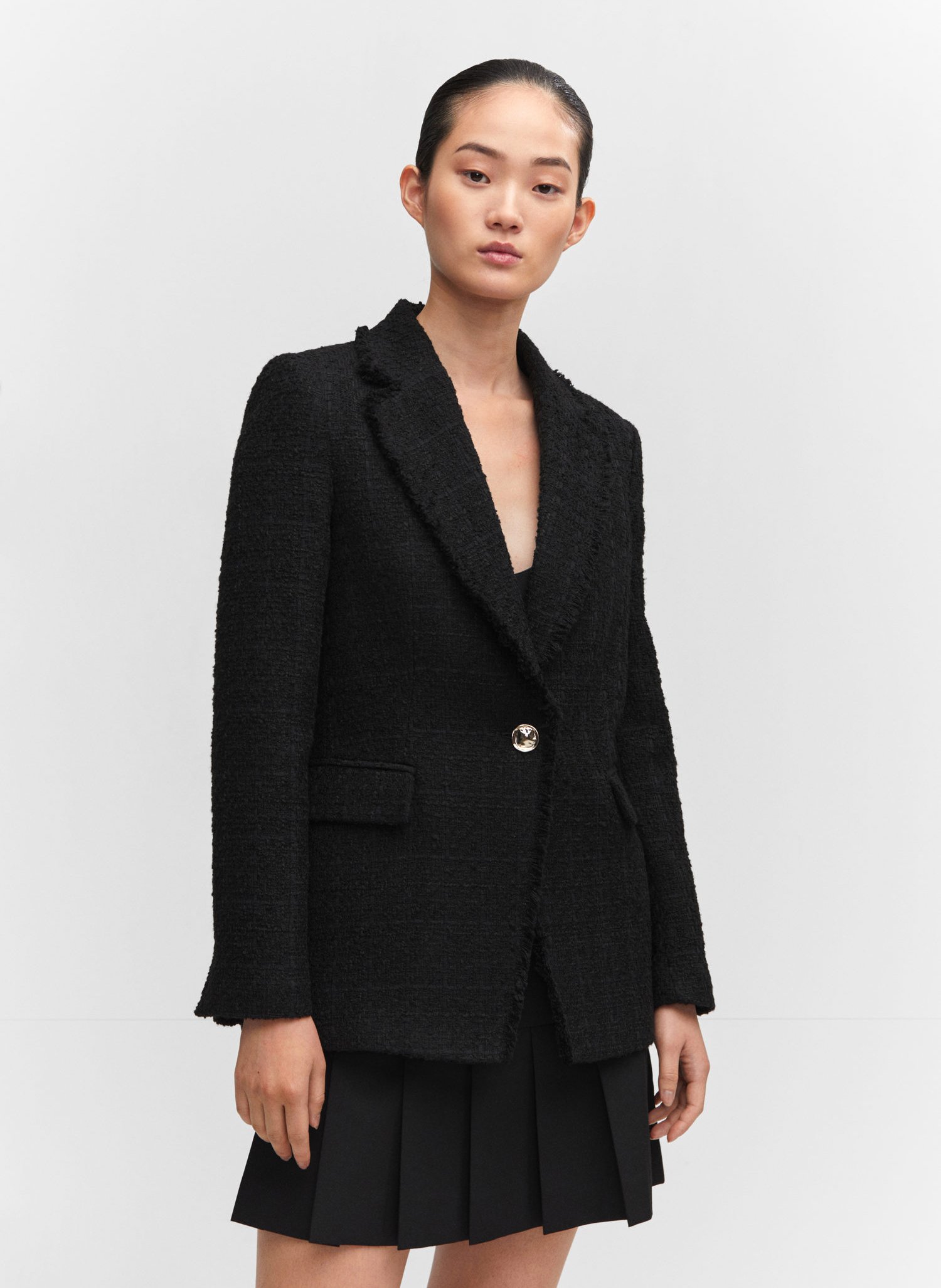 Straight Tweed Blazer Noir Mango Women Place des Tendances