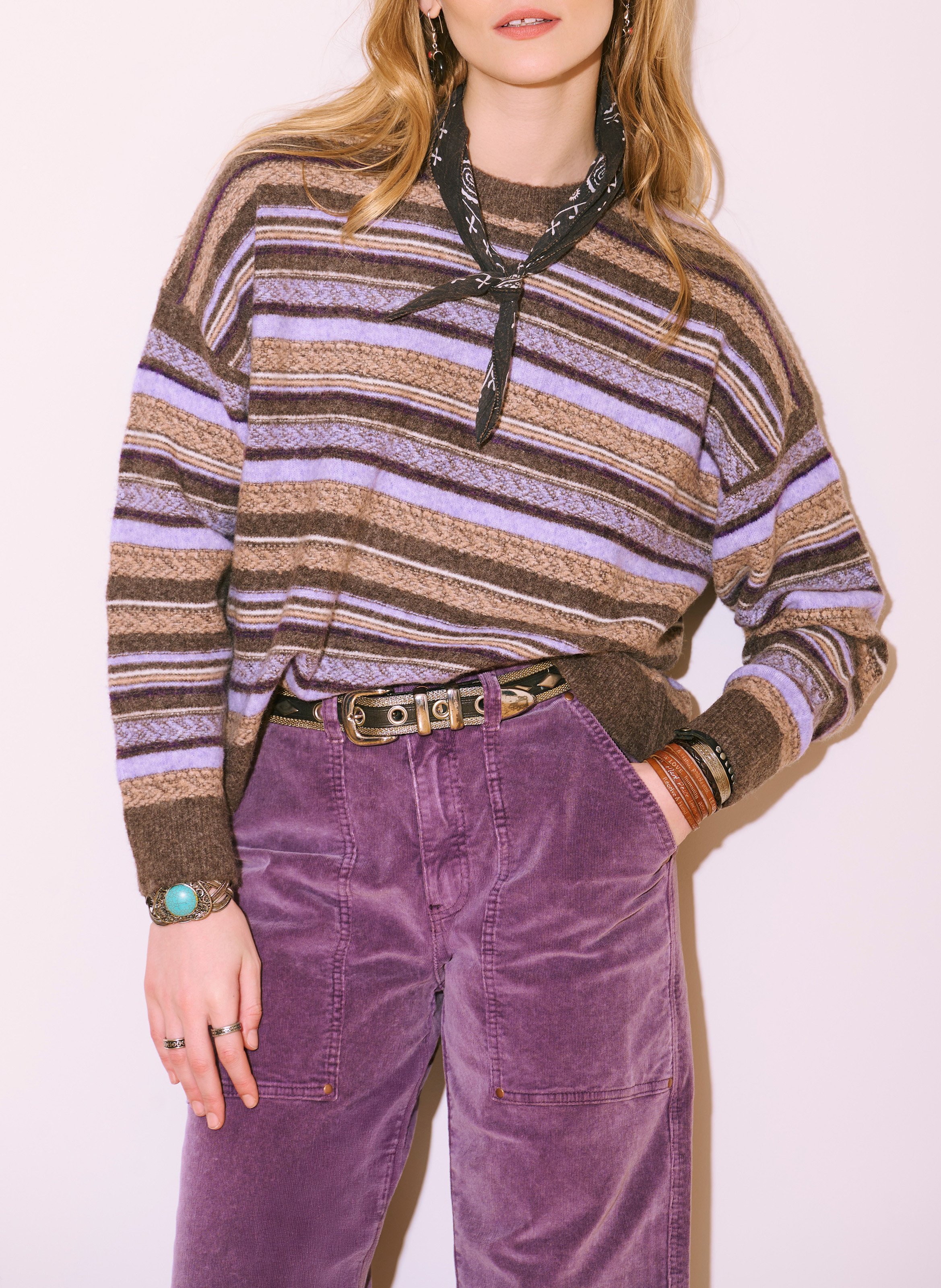 Pull ample col rond rayé en laine mélangée MKT Marron