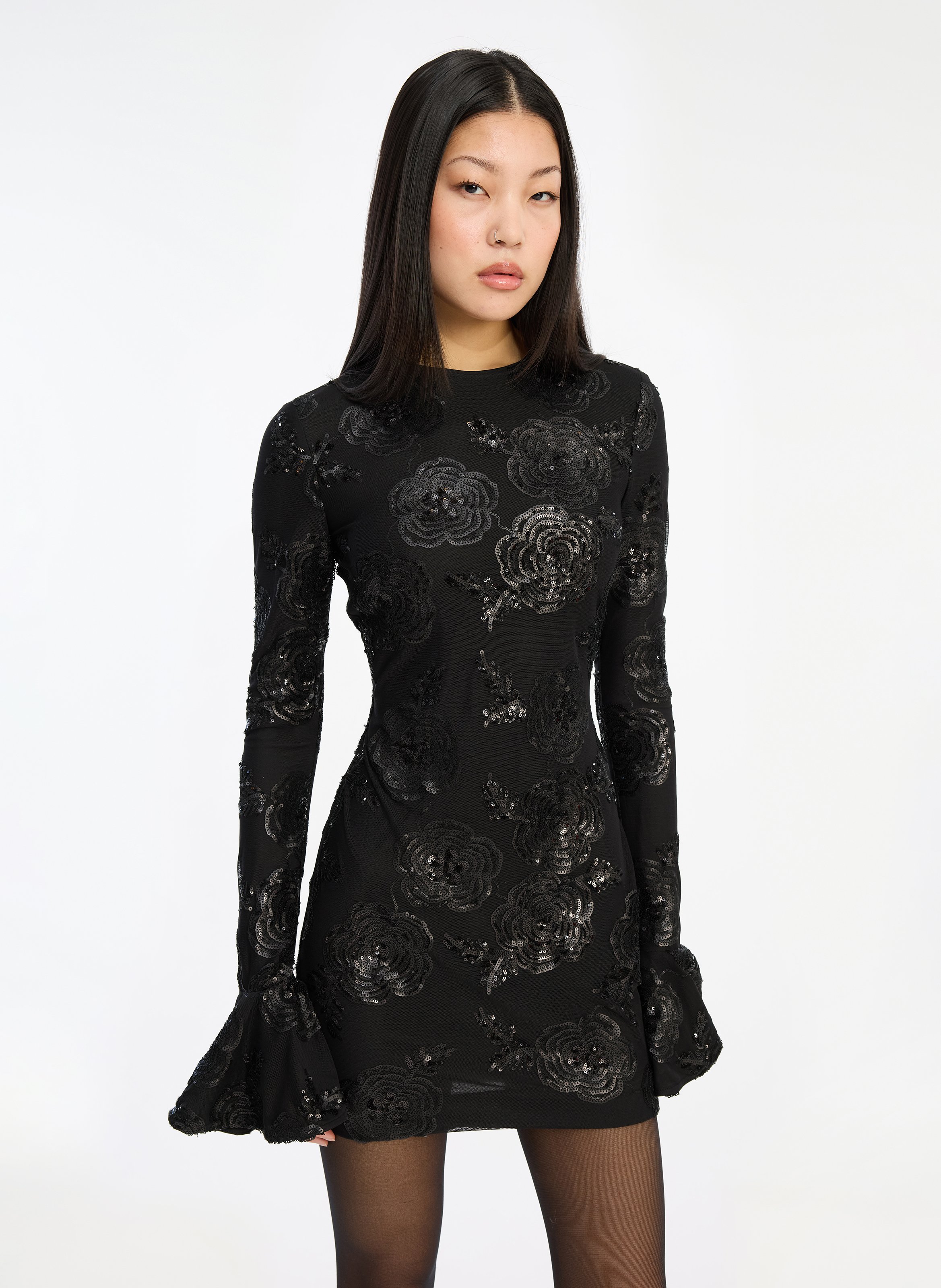 Short sequined round-neck dress ROTATE Black