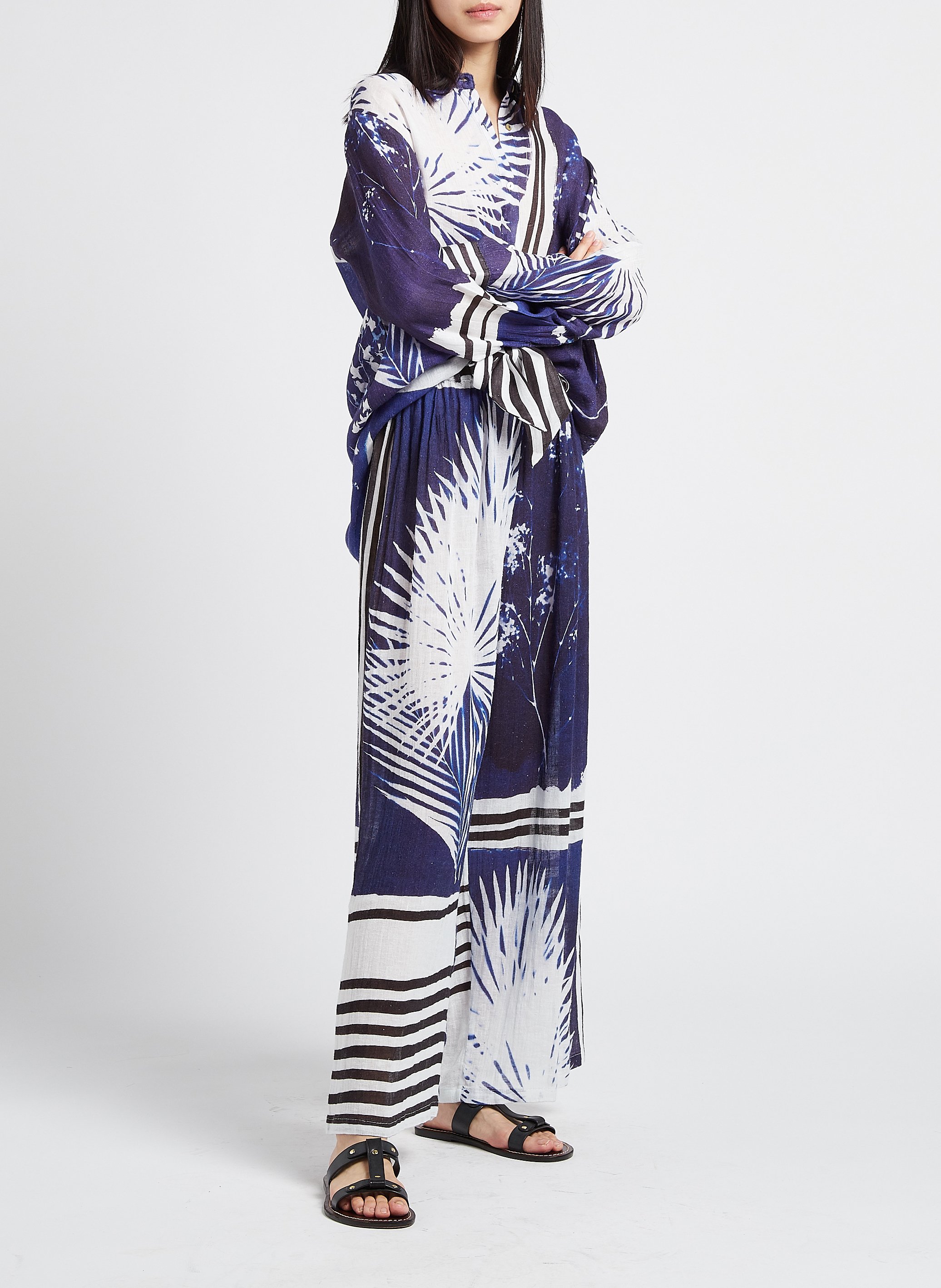 Oversize-Bluse aus bedrucktem Leinen MES DEMOISELLES Blau