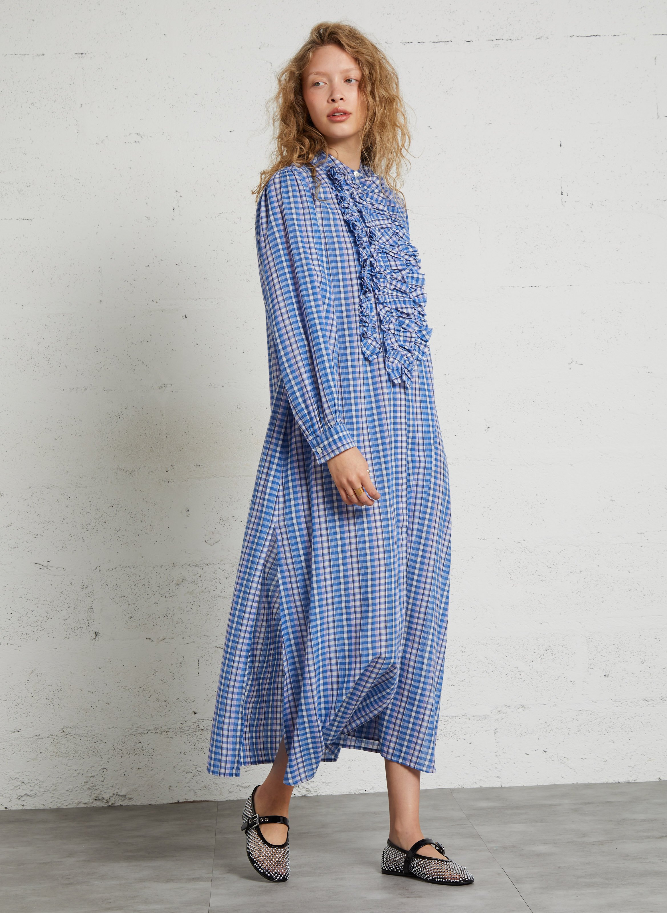 Long checked cotton dress LAURENCE BRAS Blue