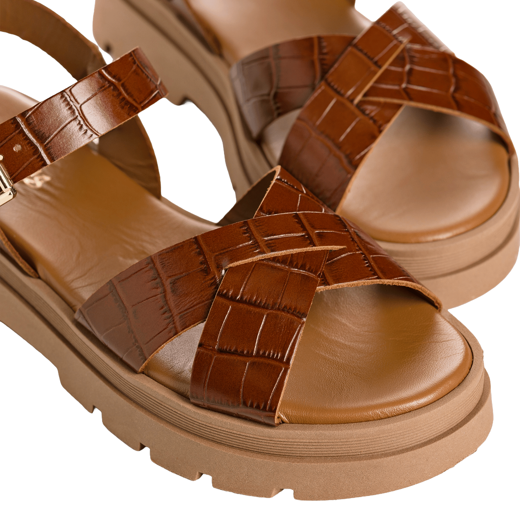 Sandales plates en cuir embossé REQINS Marron