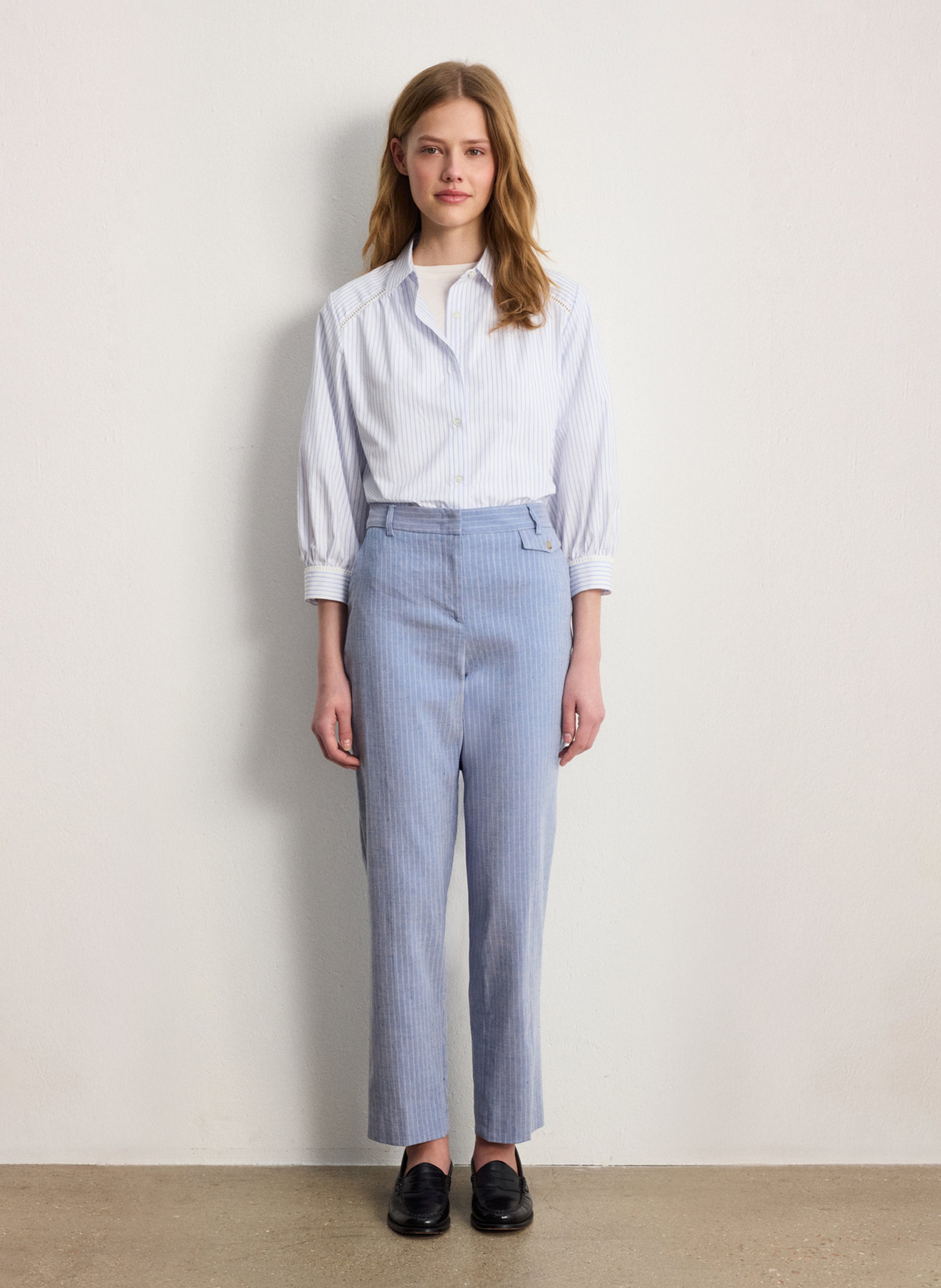 Pantalon droit en lin mélangé PABLO Bleu