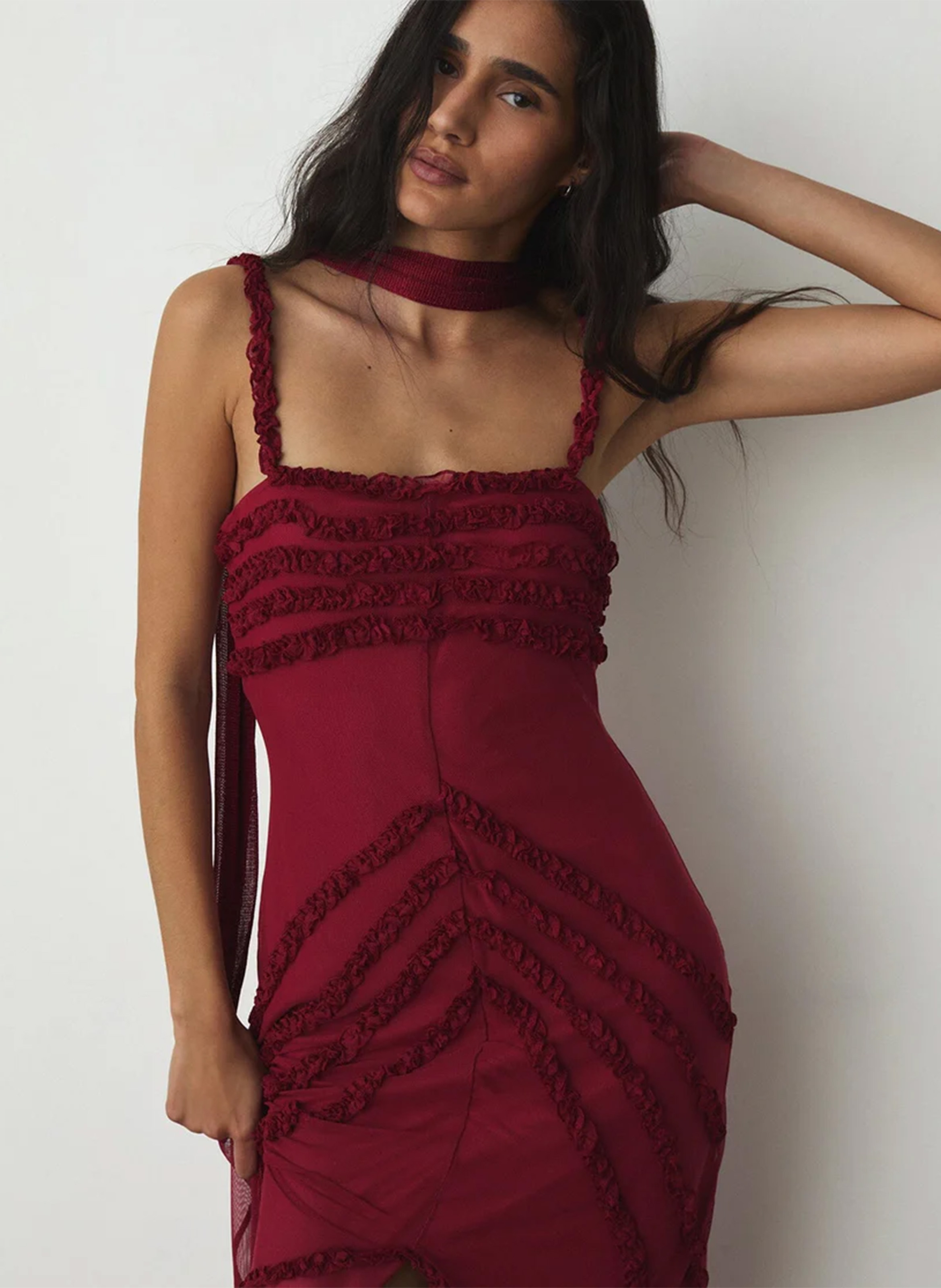 Langes Kleid mit Raffungen am quadratischen Ausschnitt LAAGAM Rot