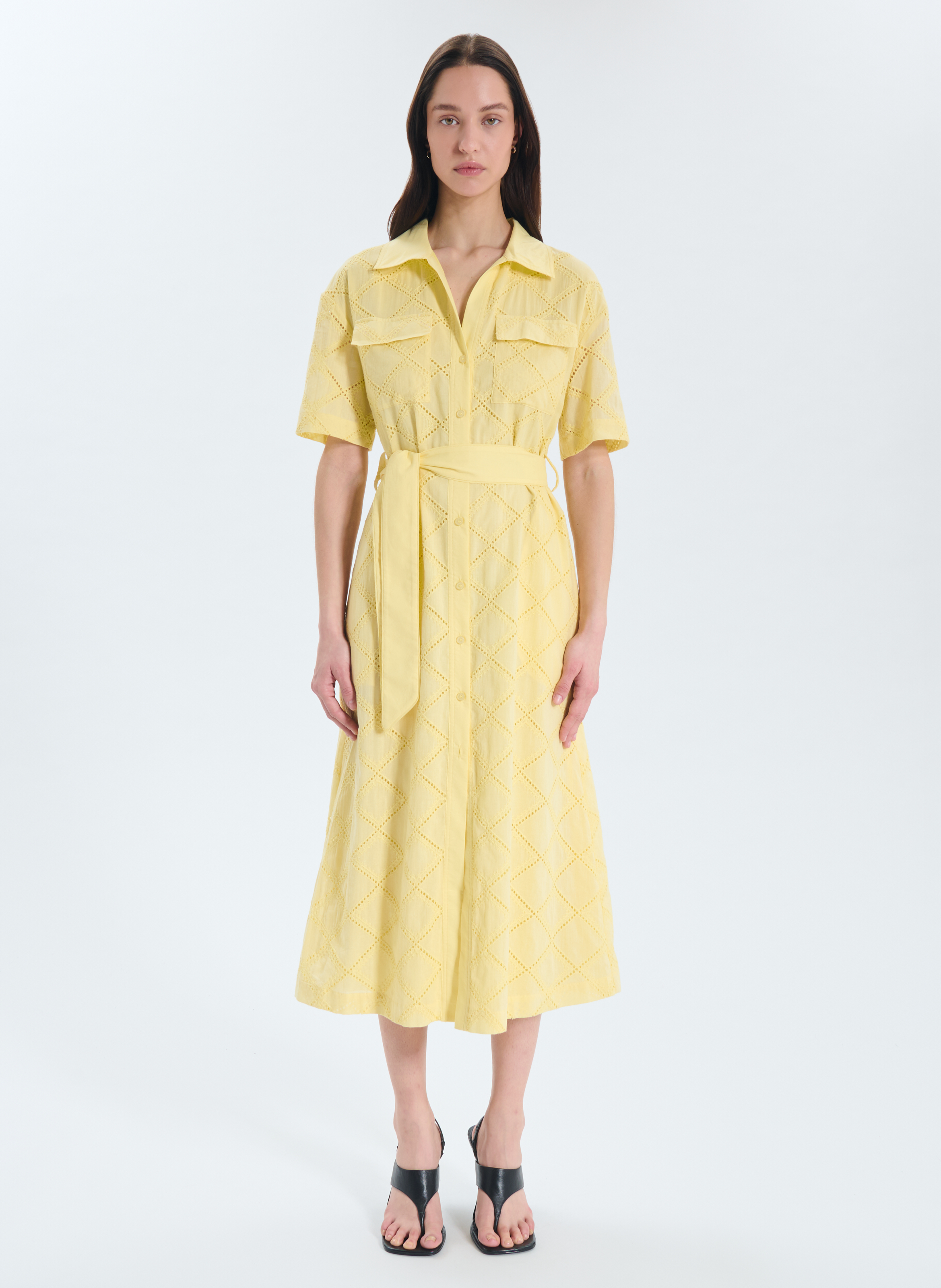 Robe midi brodée col classique ZAPA Jaune