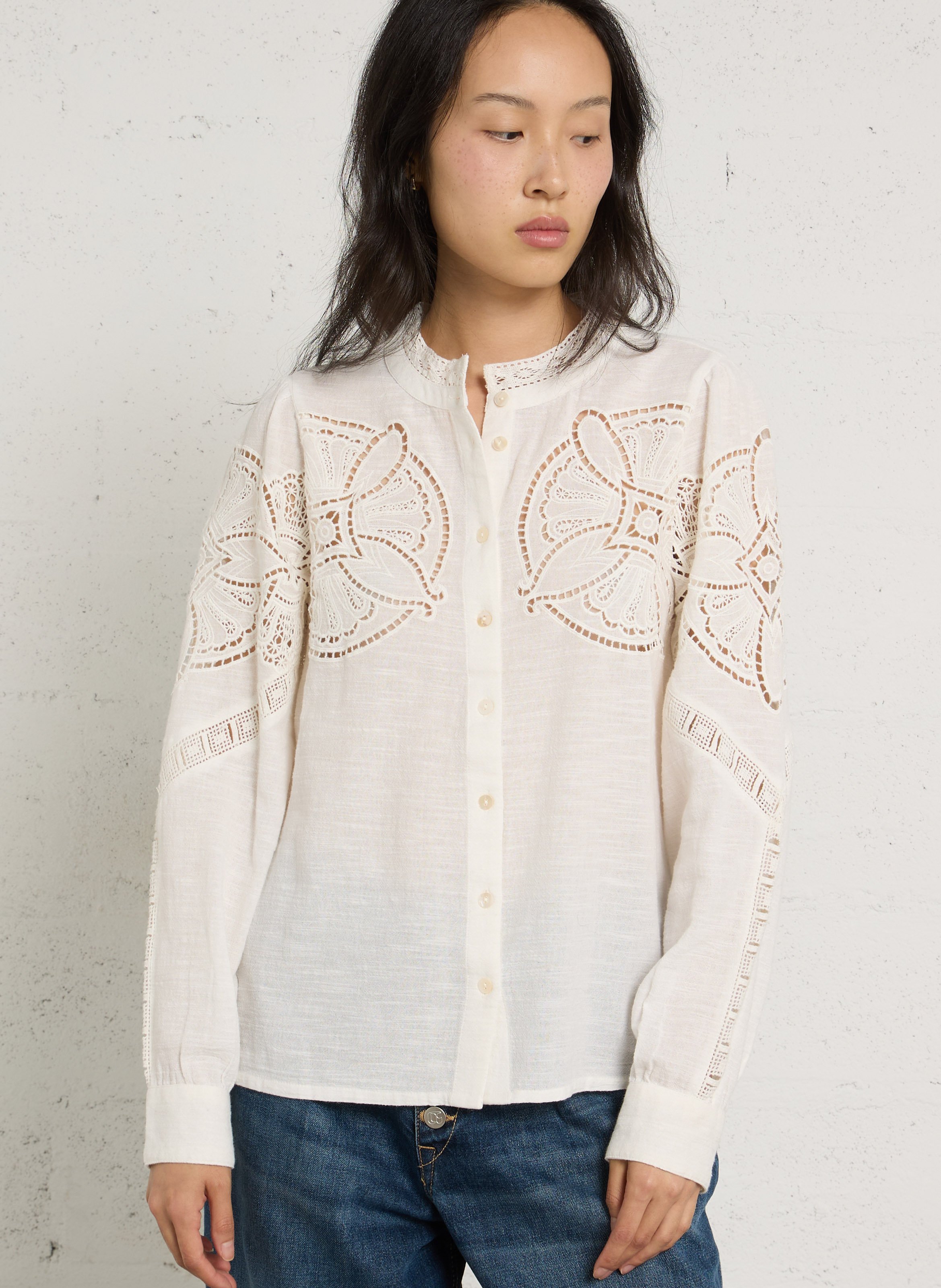 Chemisier droit brodé en coton MAISON 123 Beige
